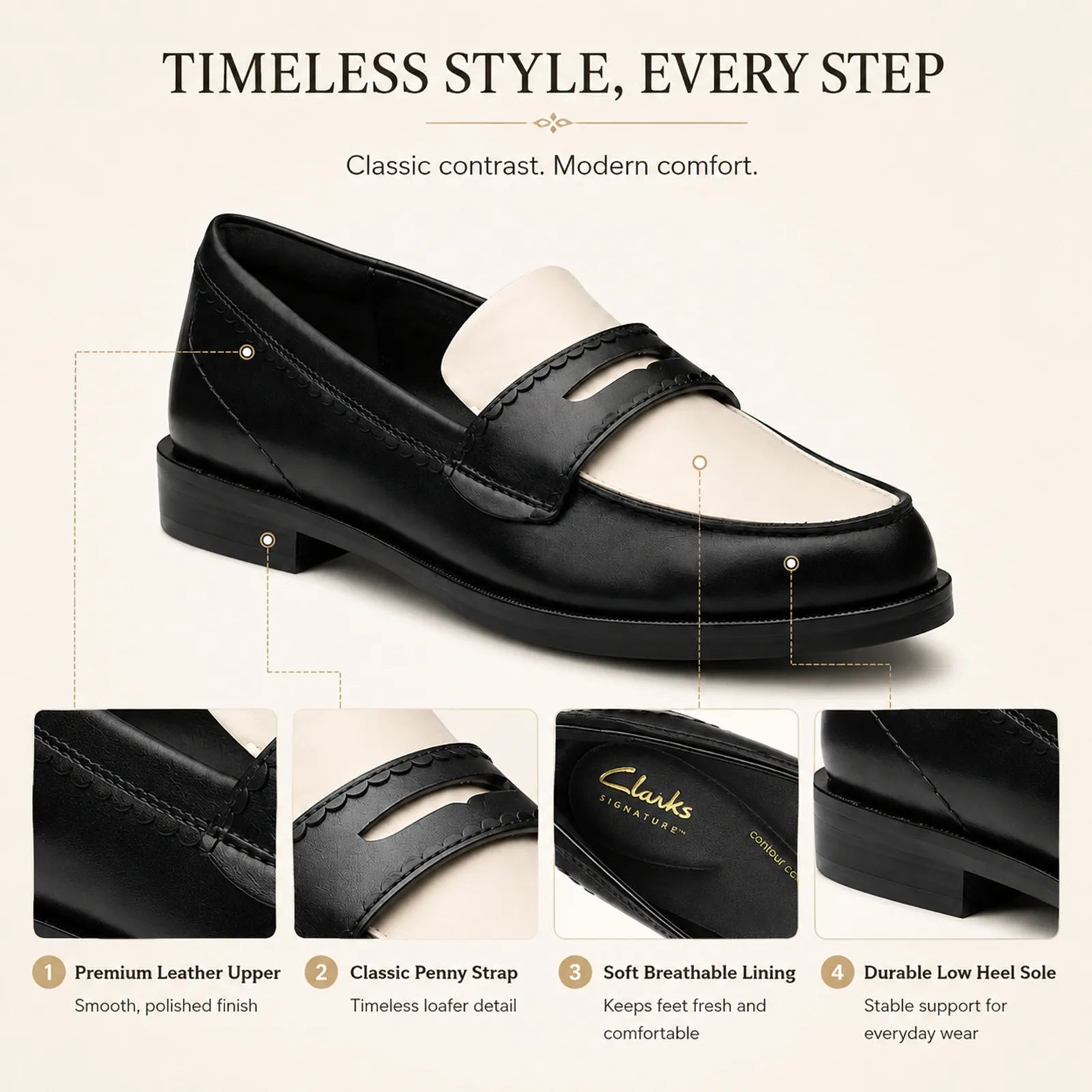 Black leather penny loafers with cream panel and low block heel