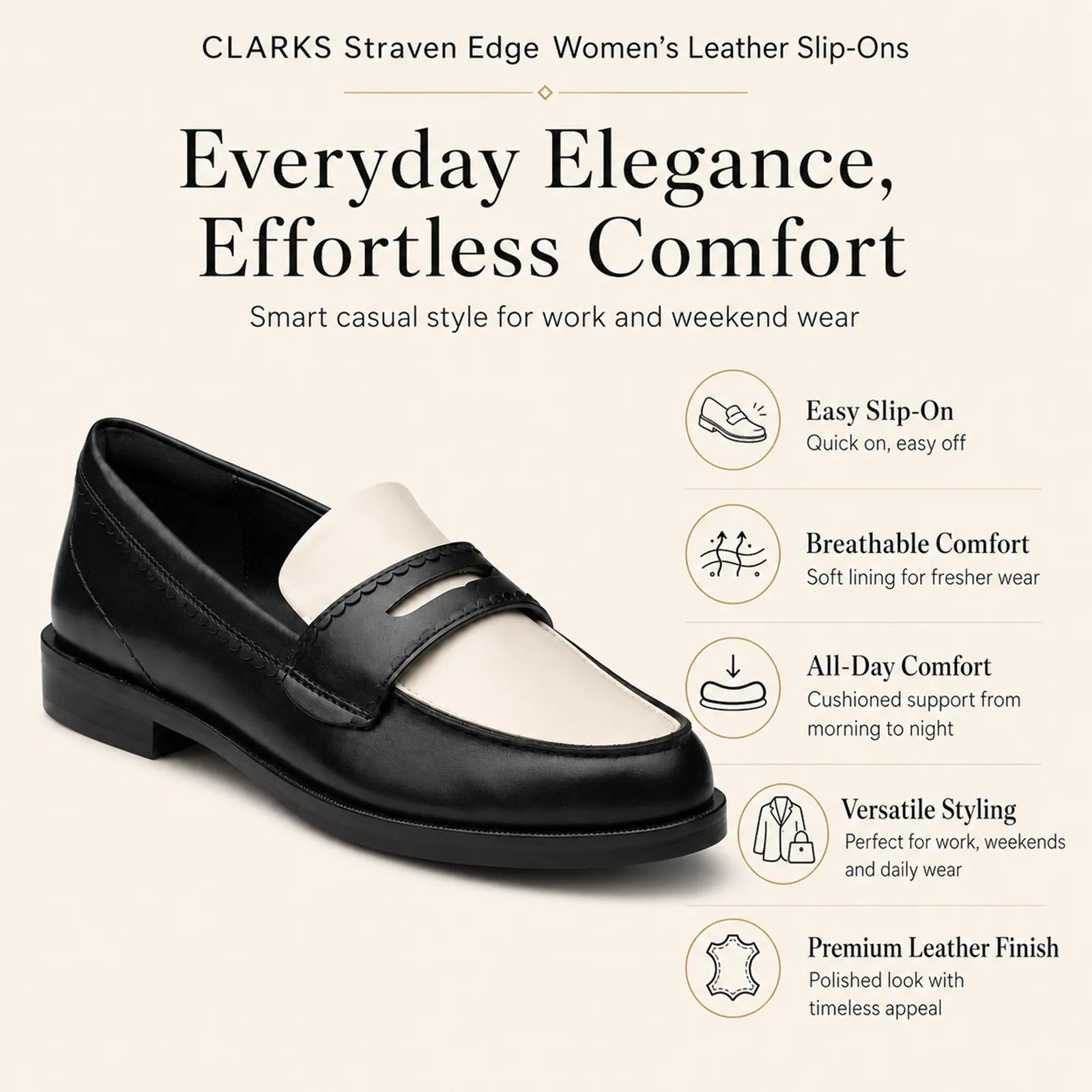 Black leather penny loafers with contrast cream panel