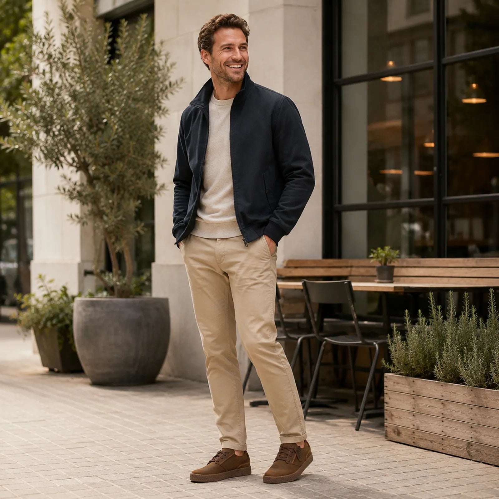 Brown lace-up sneakers with thick textured sole, worn on a standing man