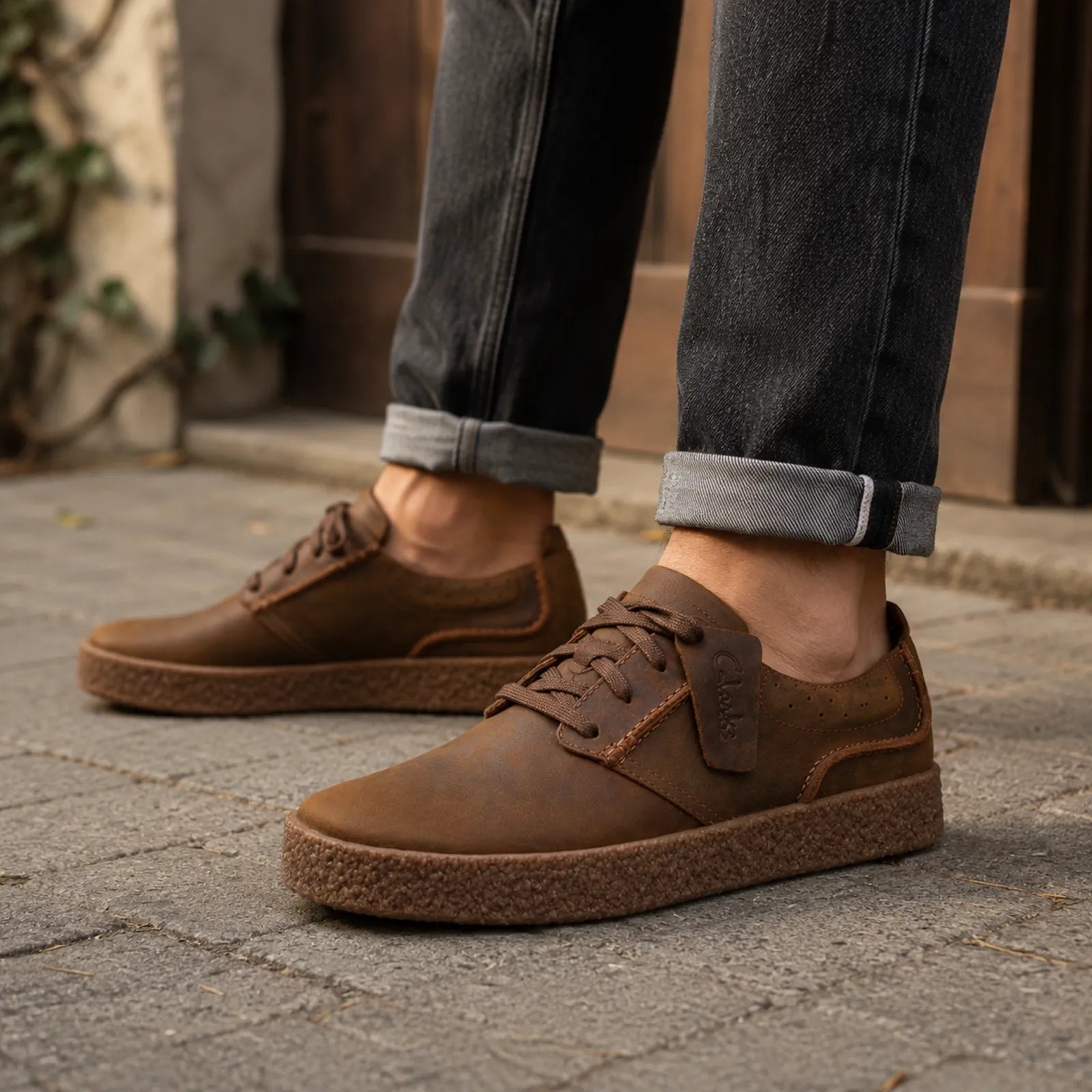 Brown lace-up sneakers with cushioned rubber outsole, shown with rolled jean cuffs
