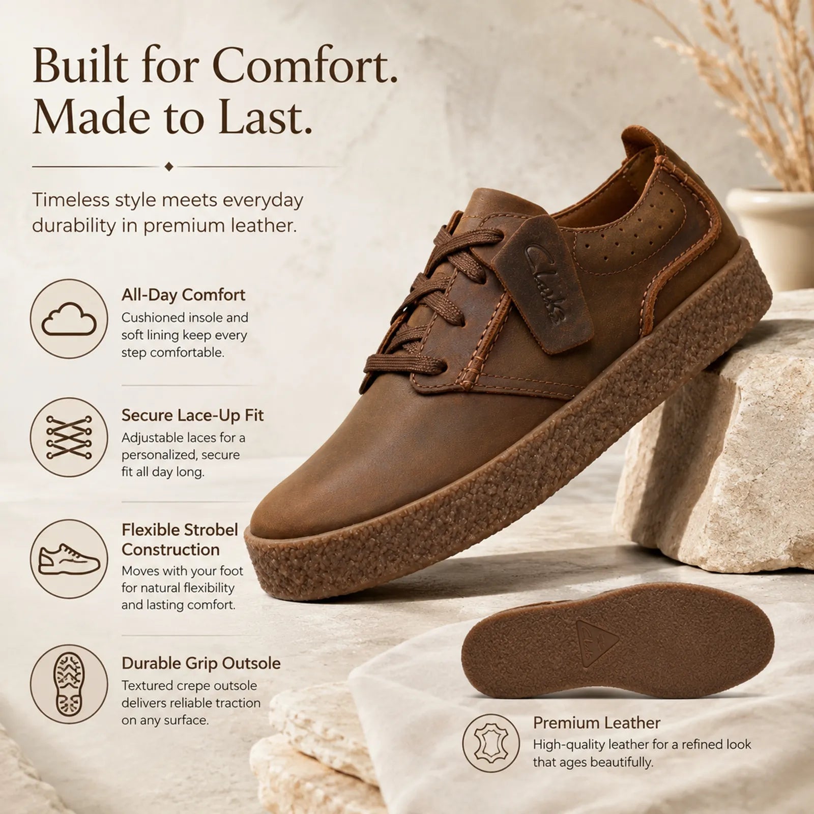 Brown lace-up sneakers with oiled leather upper and thick comfort sole, side view
