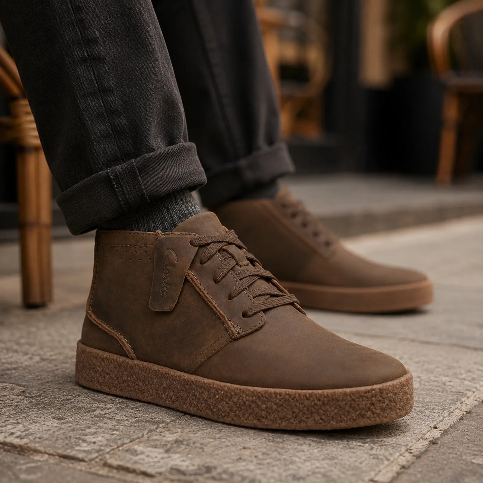Men's khaki nubuck mid-cut boots with lace-up front, side strap, and thick textured sole.