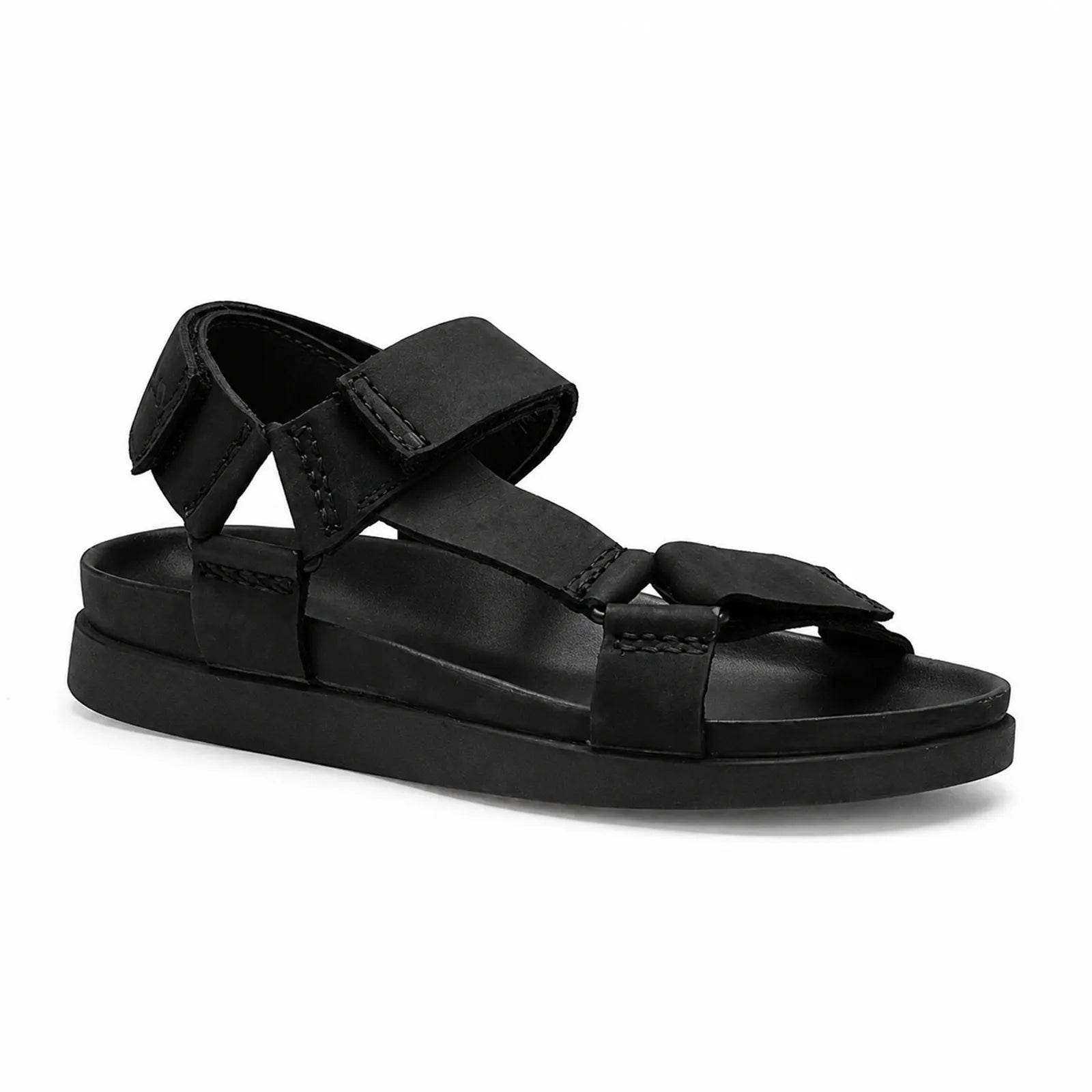 Men's black leather sandals with adjustable hook-and-loop straps and cushioned footbed