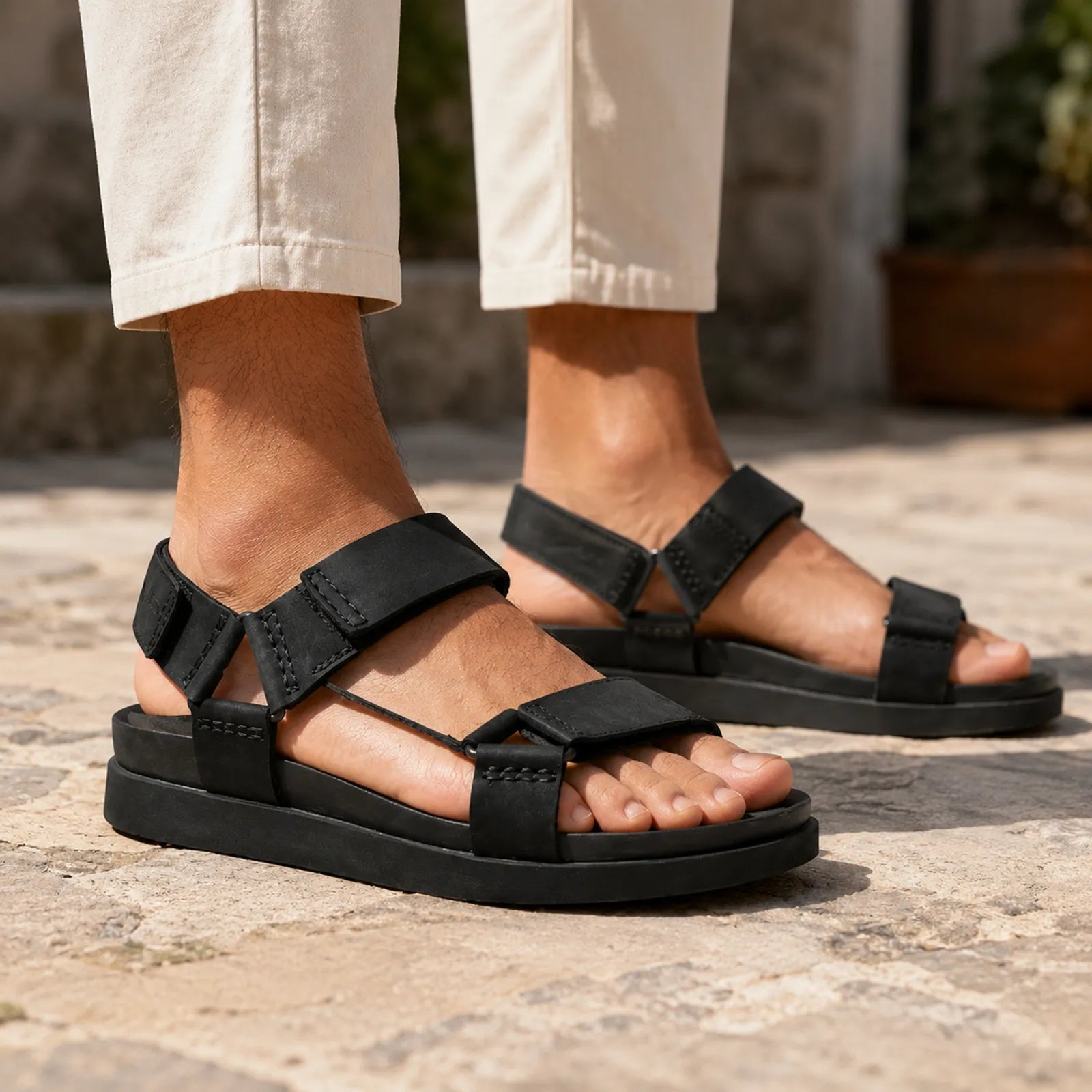 Close-up of men's black leather sandals with adjustable straps and flat EVA sole