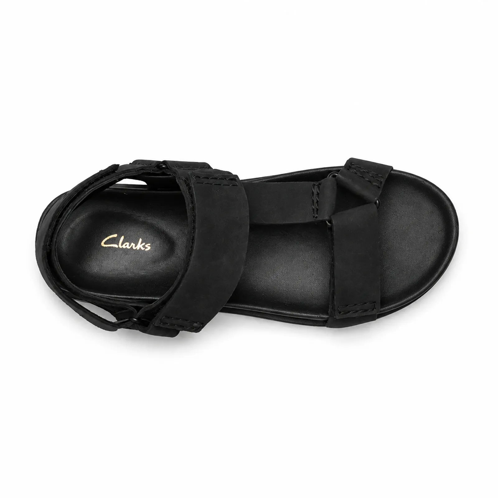 Black leather slide sandals with adjustable Velcro strap and padded top band