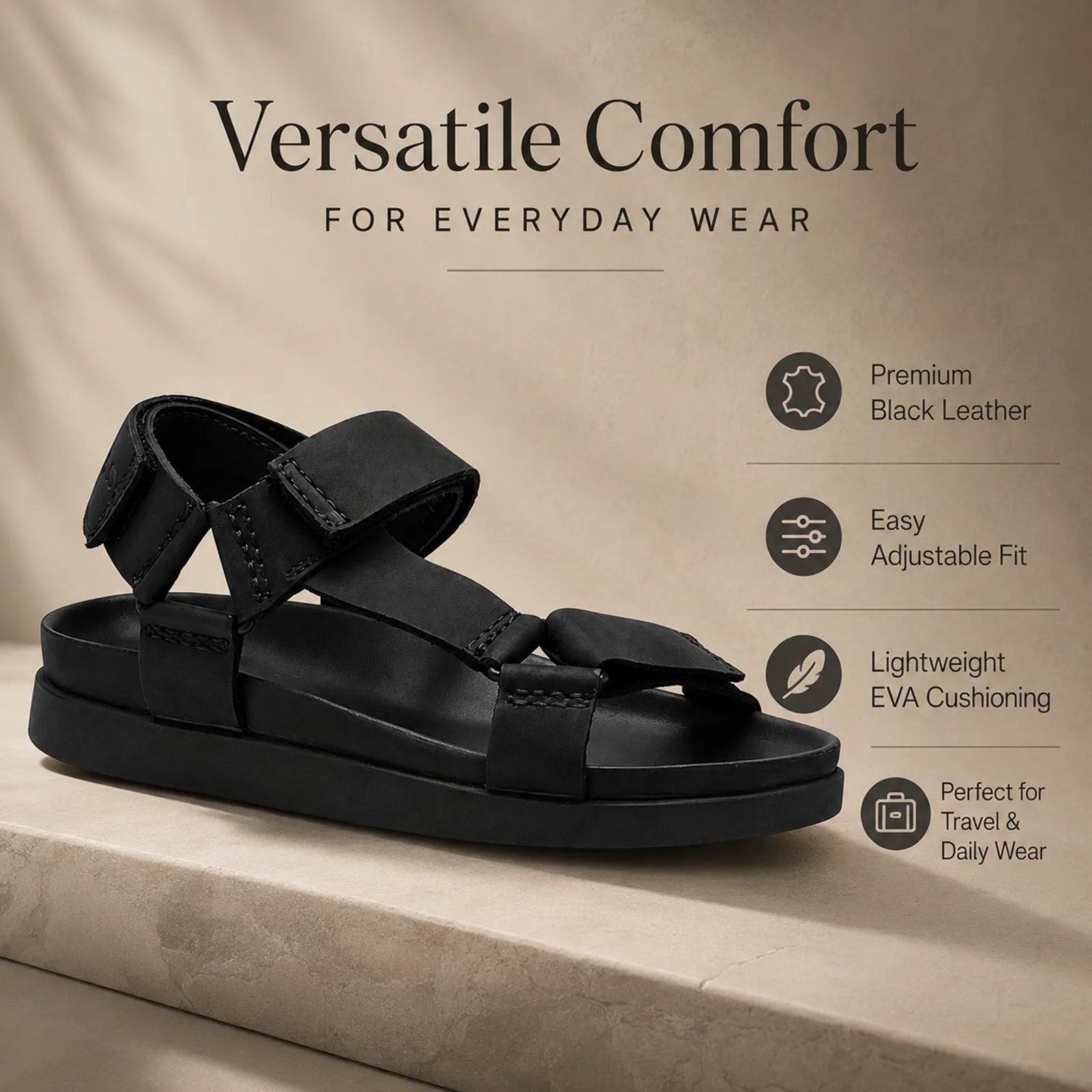 Men's black leather platform sandals with adjustable straps and cushioned comfort