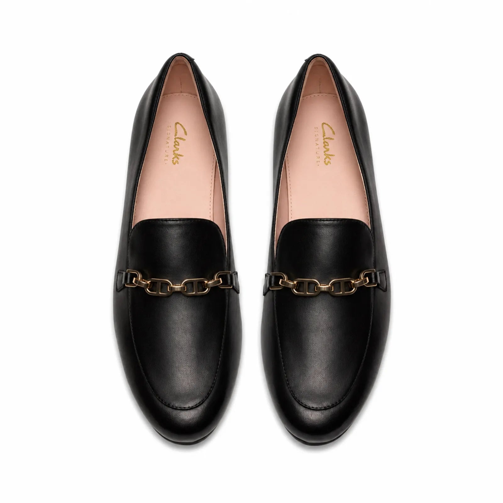 Side view of Clarks Tamna Iris black leather loafers with almond toe design