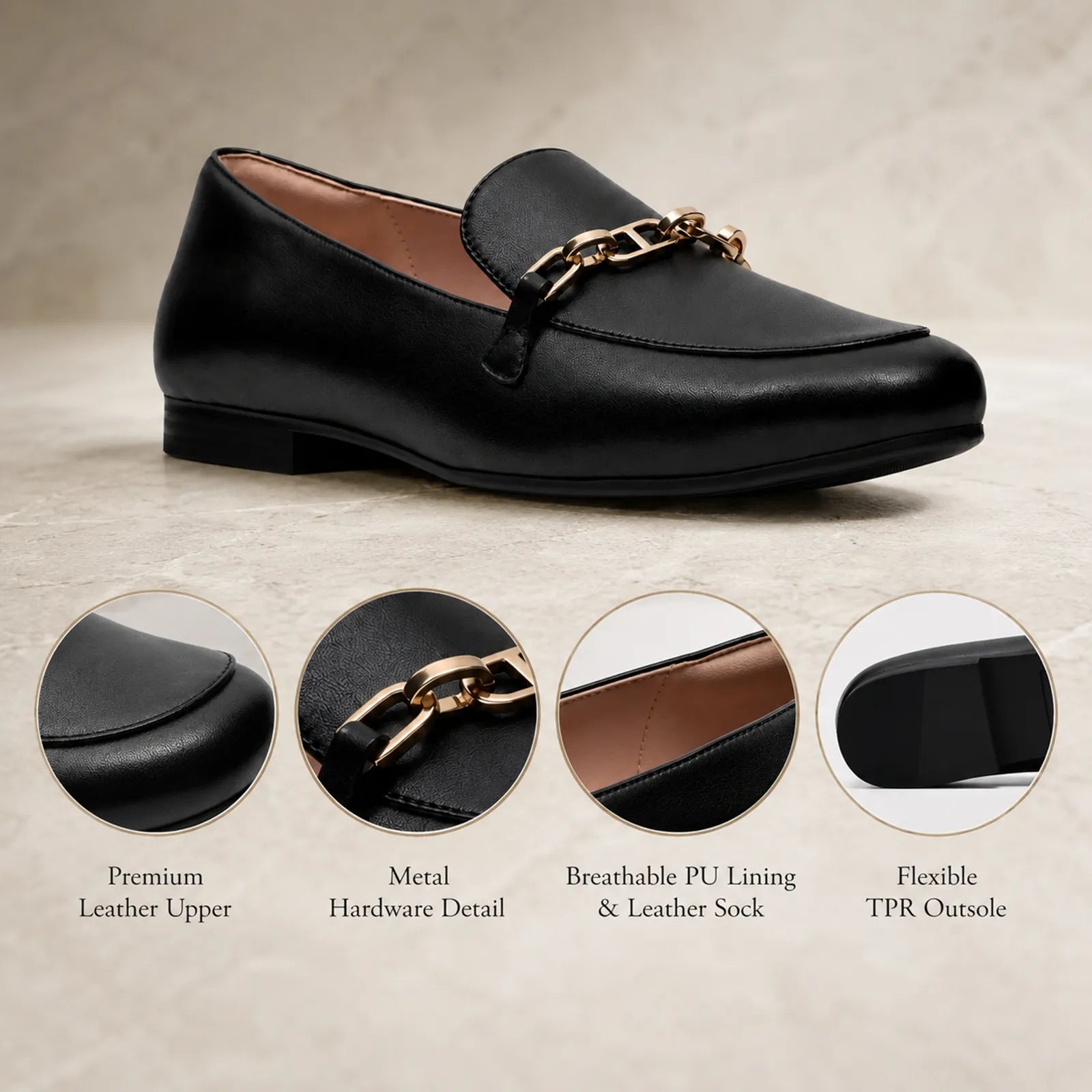Close-up detail of Clarks Tamna Iris black leather loafers with decorative metal trim