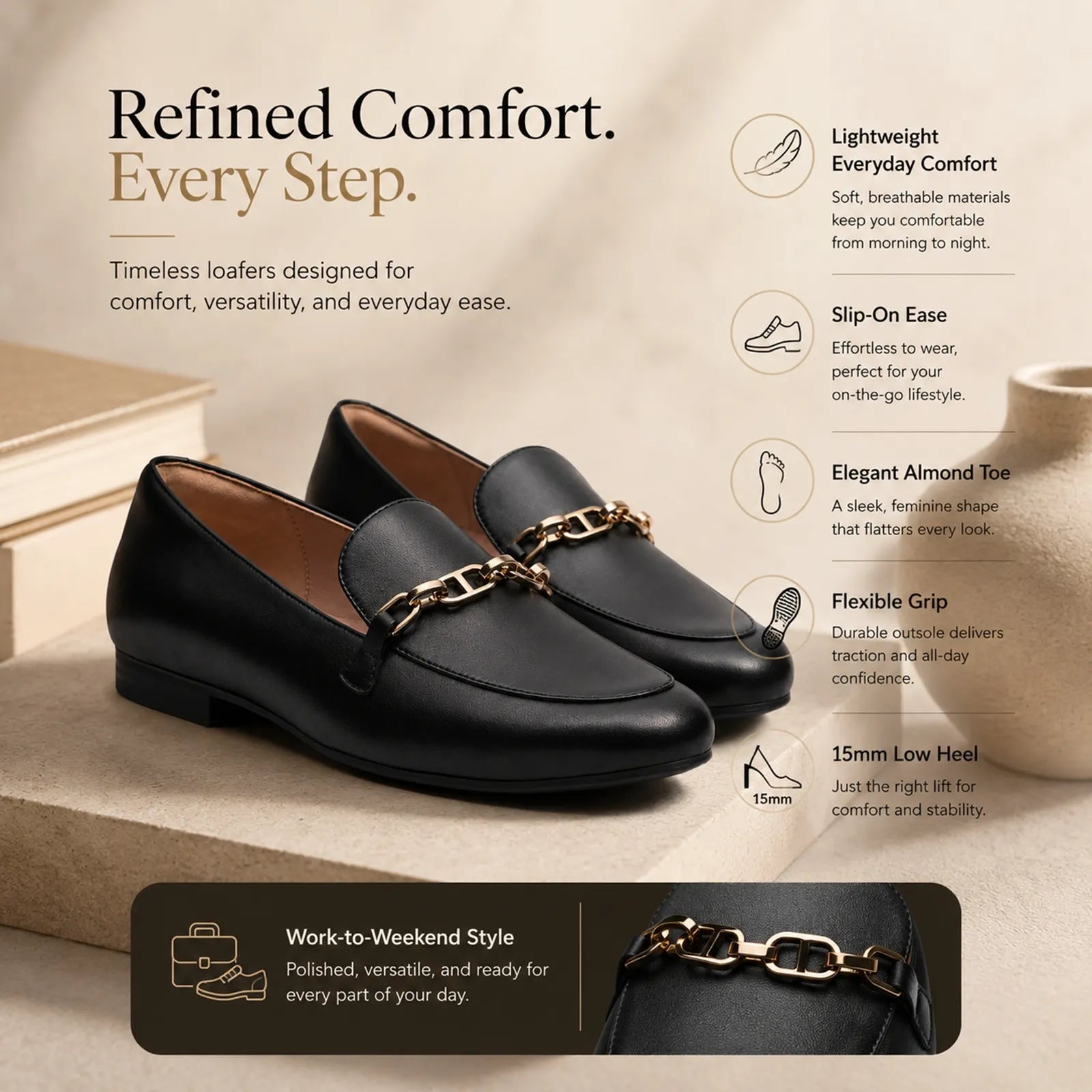 Clarks Tamna Iris black loafers featuring lightweight comfort and flexible TPR sole