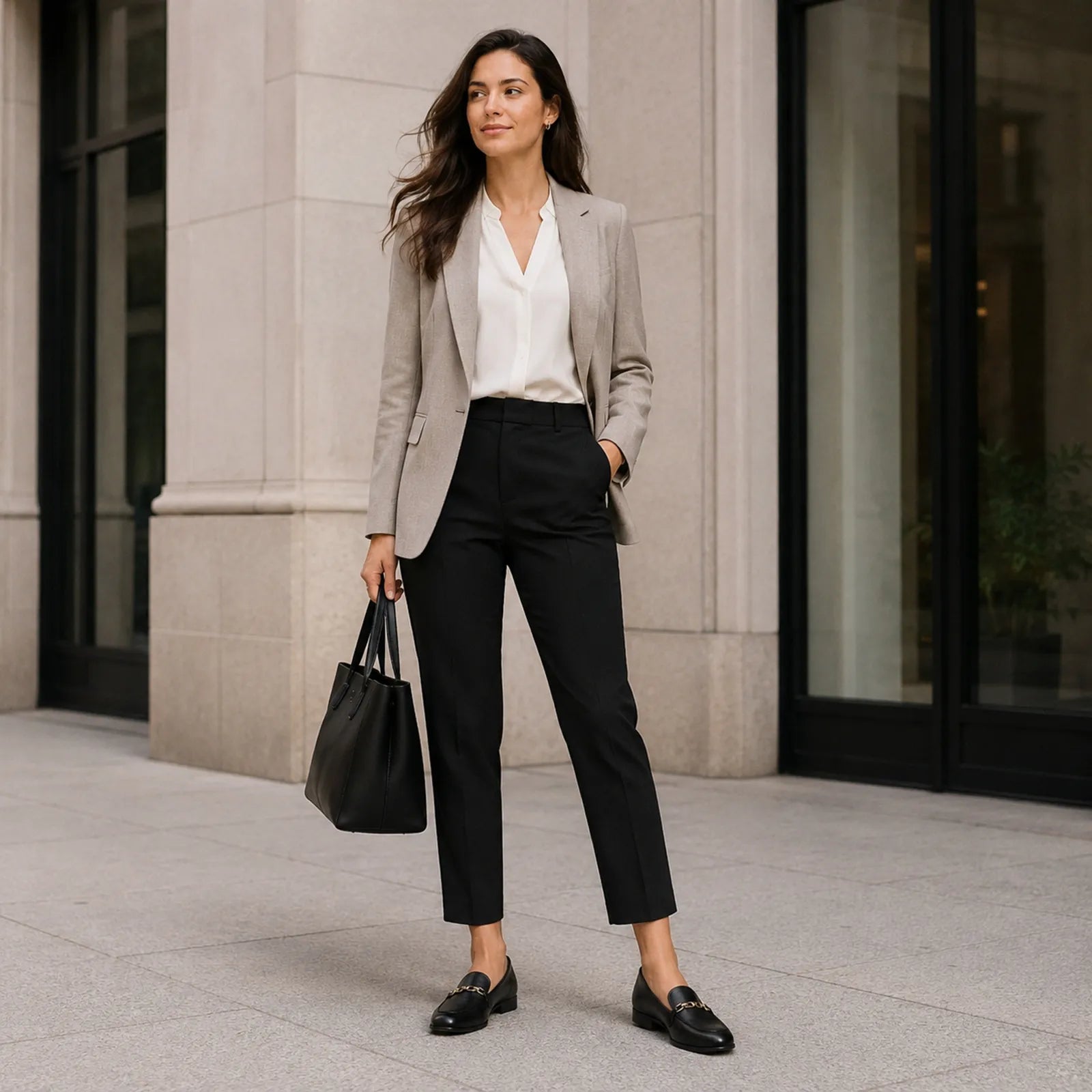 Woman wearing Clarks Tamna Iris black leather loafers with smart casual styling