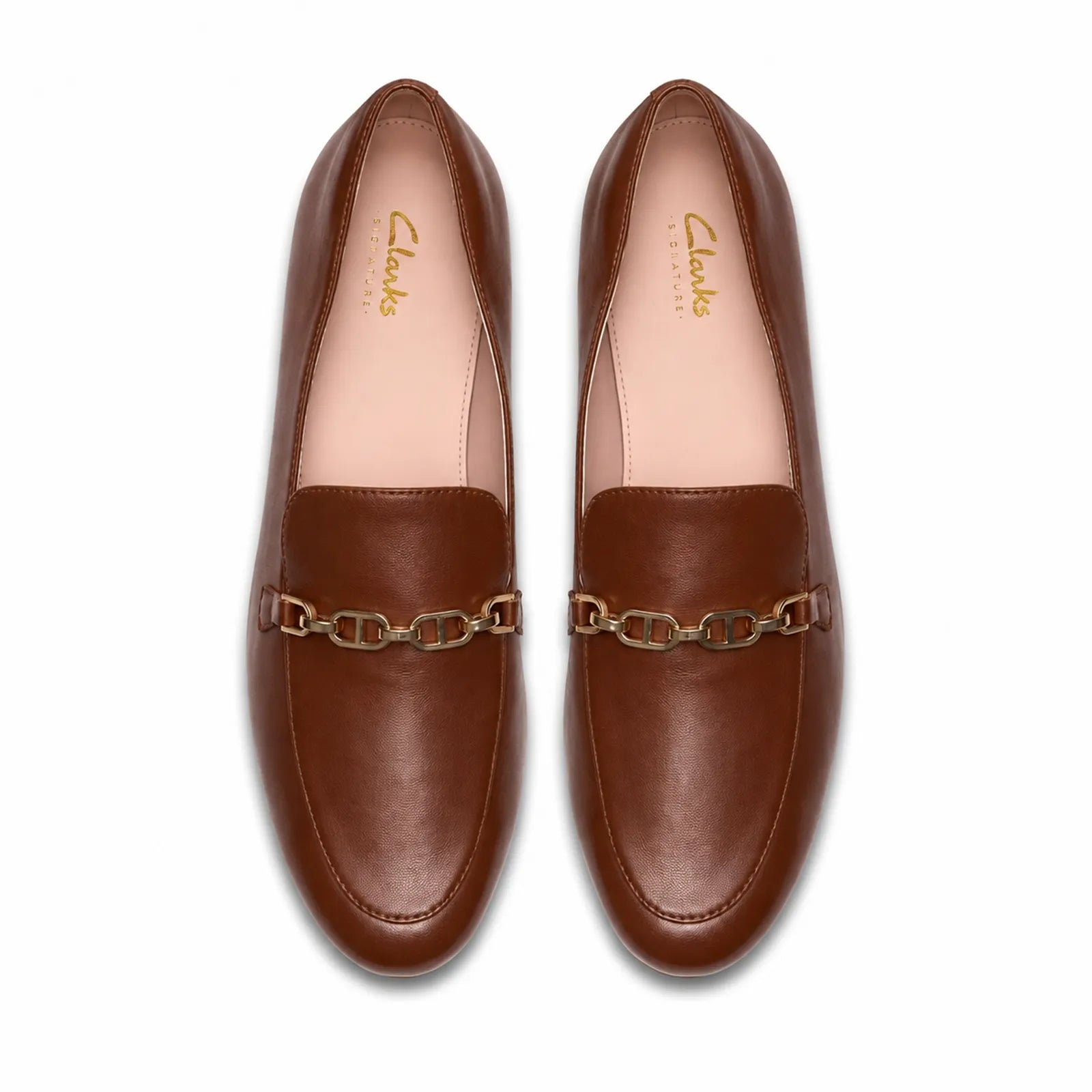 Side view of Clarks Tamna Iris tan leather loafers featuring almond toe styling