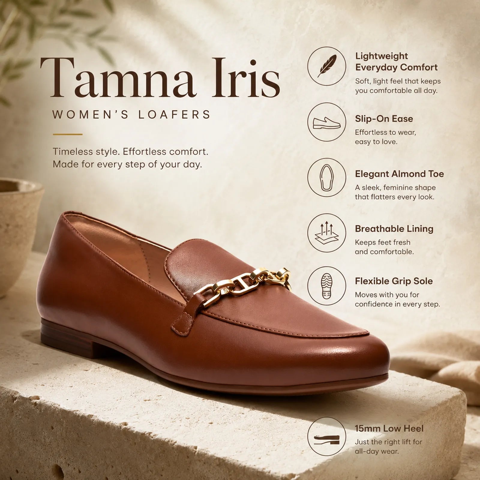 Clarks Tamna Iris tan loafers featuring lightweight comfort and flexible grip sole