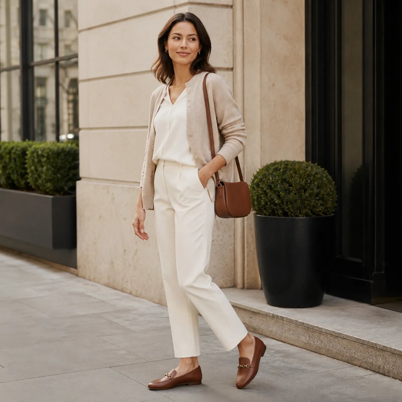 Woman wearing Clarks Tamna Iris tan leather loafers with smart casual outfit