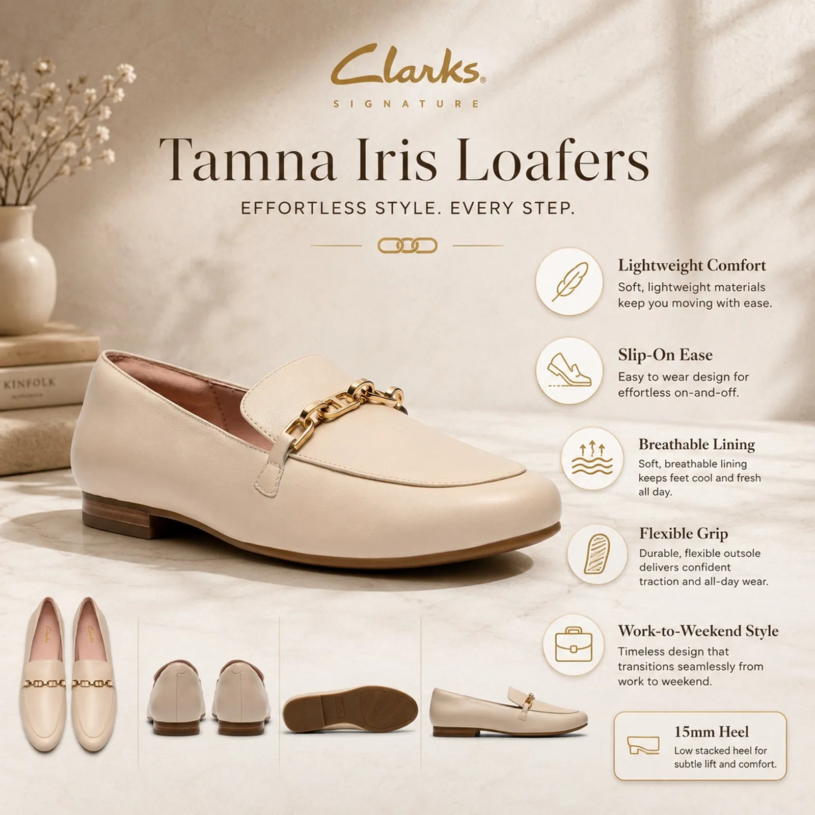 Clarks Tamna Iris white loafers featuring lightweight cushioning and flexible TPR outsole