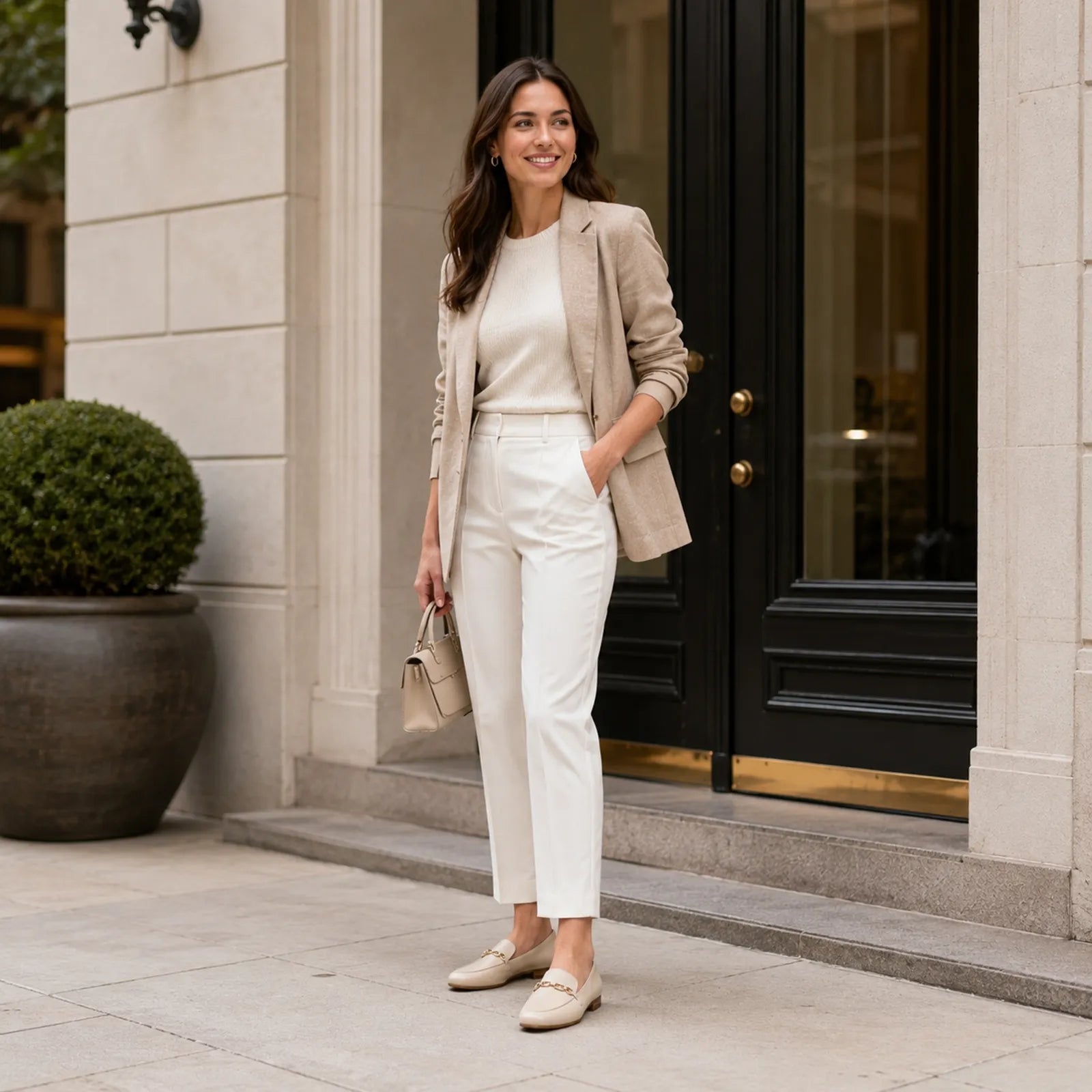 Woman wearing Clarks Tamna Iris white leather loafers for smart casual occasions