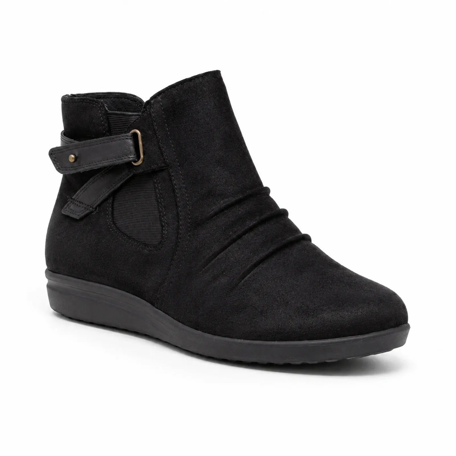 Women’s black suede mid boots with buckle strap detail and low cushioned sole
