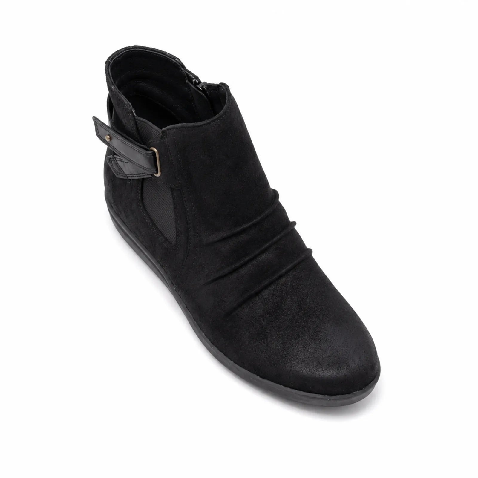 Women’s black suede mid boots angled view with side buckle strap