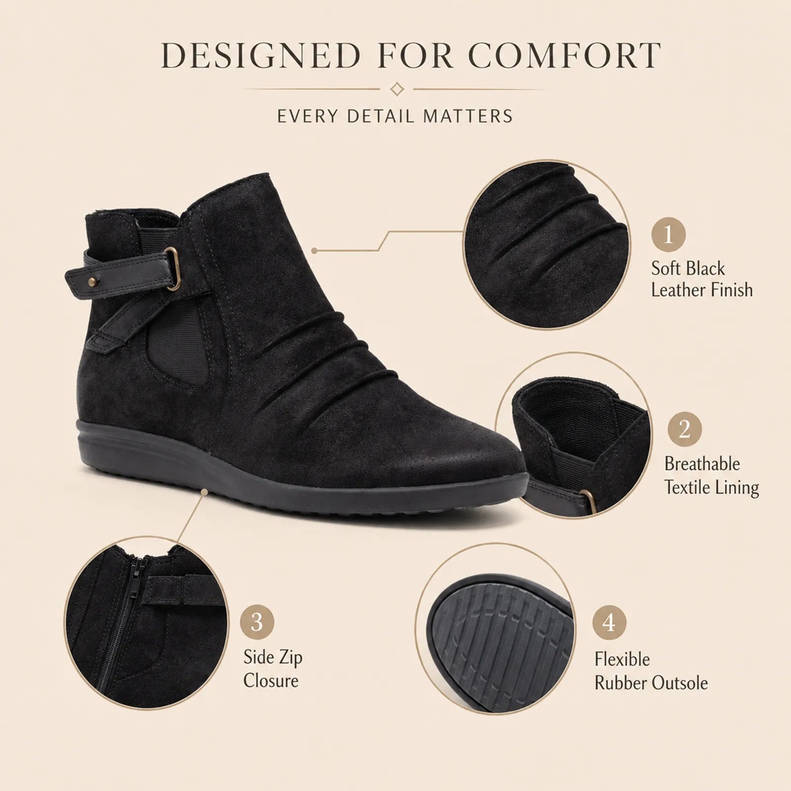 Women’s black suede mid boots with side zip, textured sole, and cushioned fit