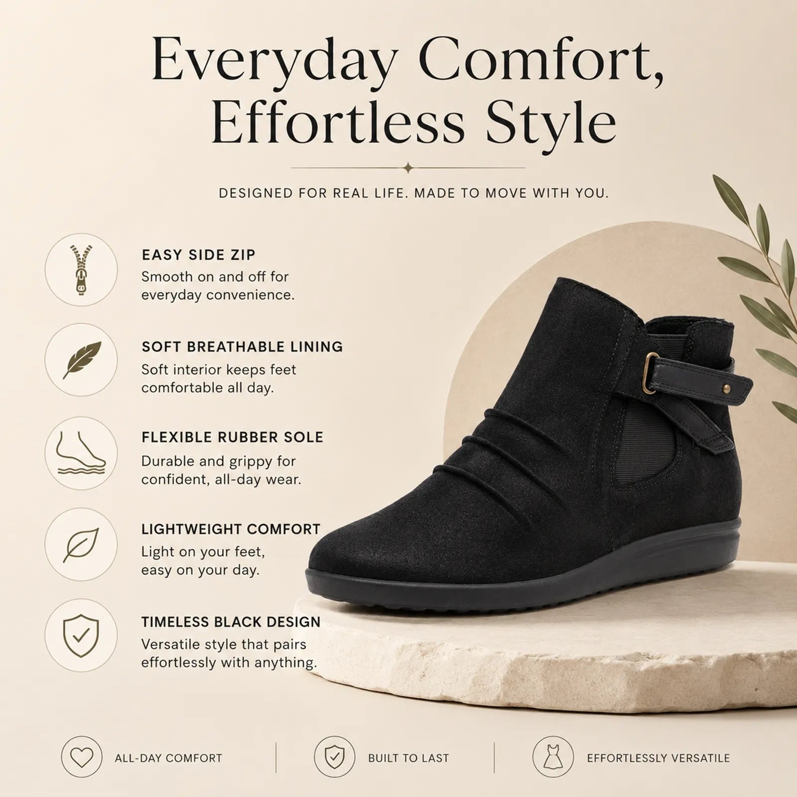 Women's black mid-ankle leather fashion boots with side strap and buckle