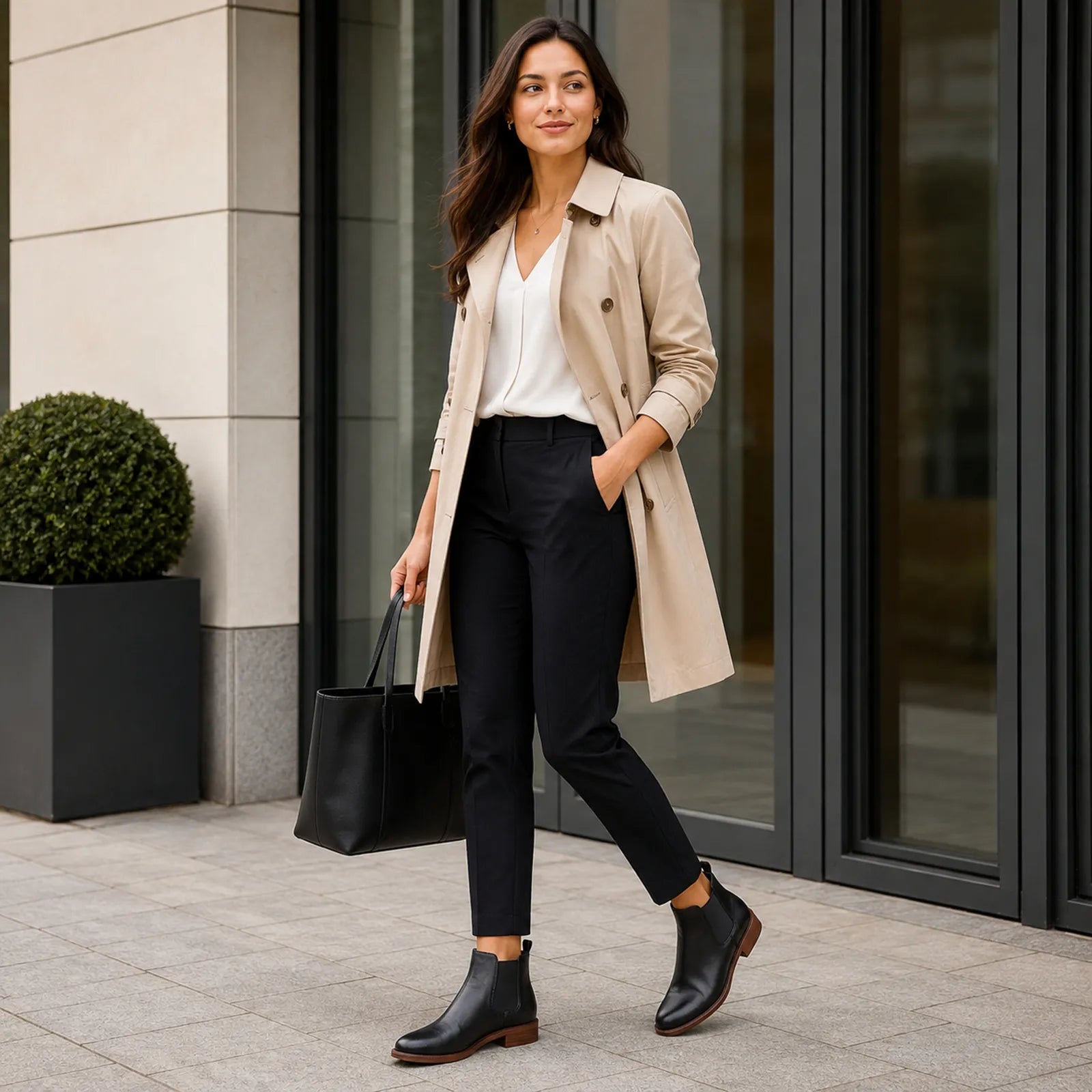 Women's black leather Chelsea boots with elastic side gore and brown rubber sole