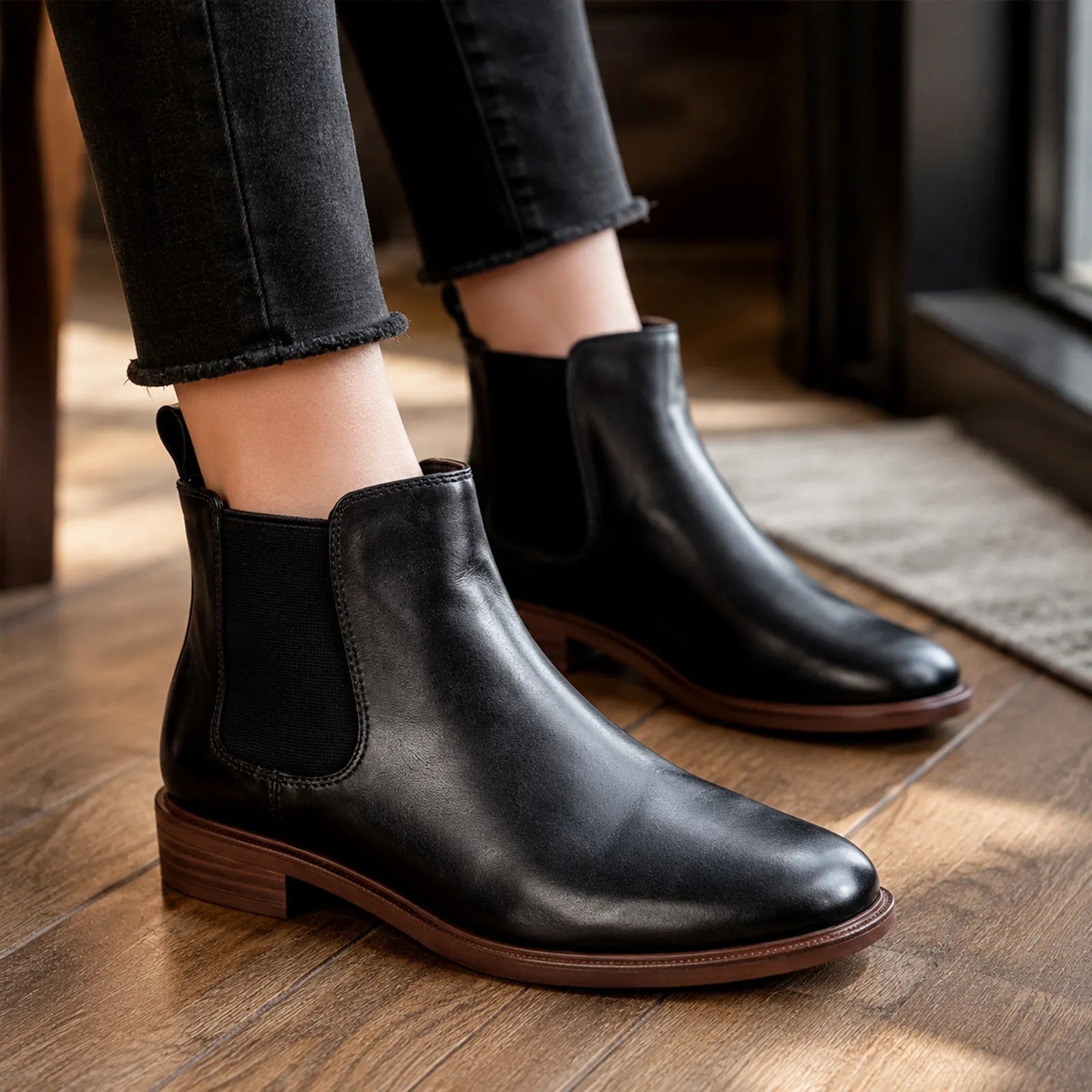 Women's black leather Chelsea boots with elastic side gore and low block heel