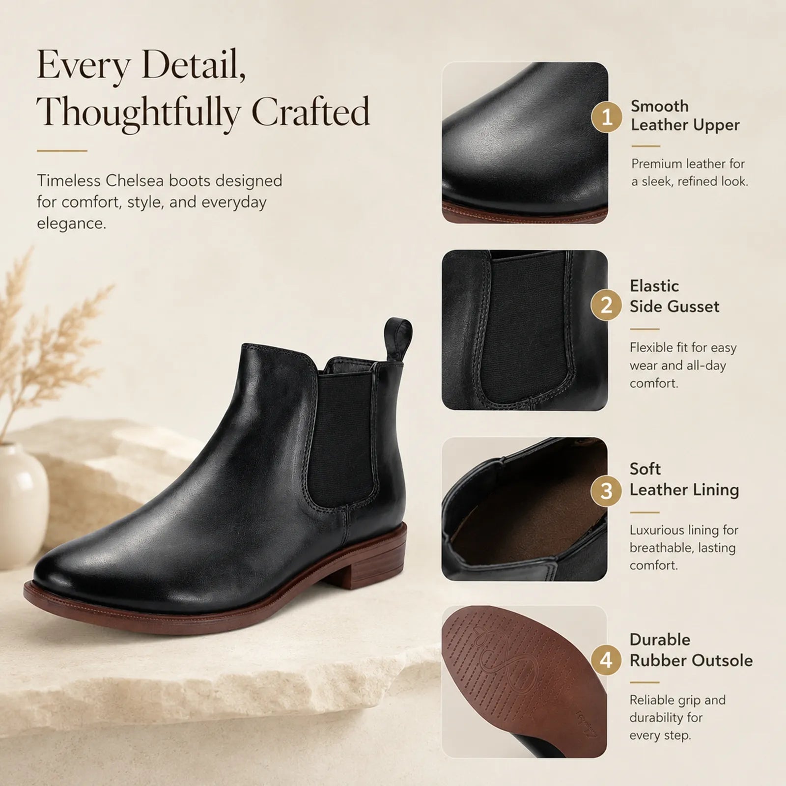 Women's black leather Chelsea boots with elastic side gore and rubber outsole