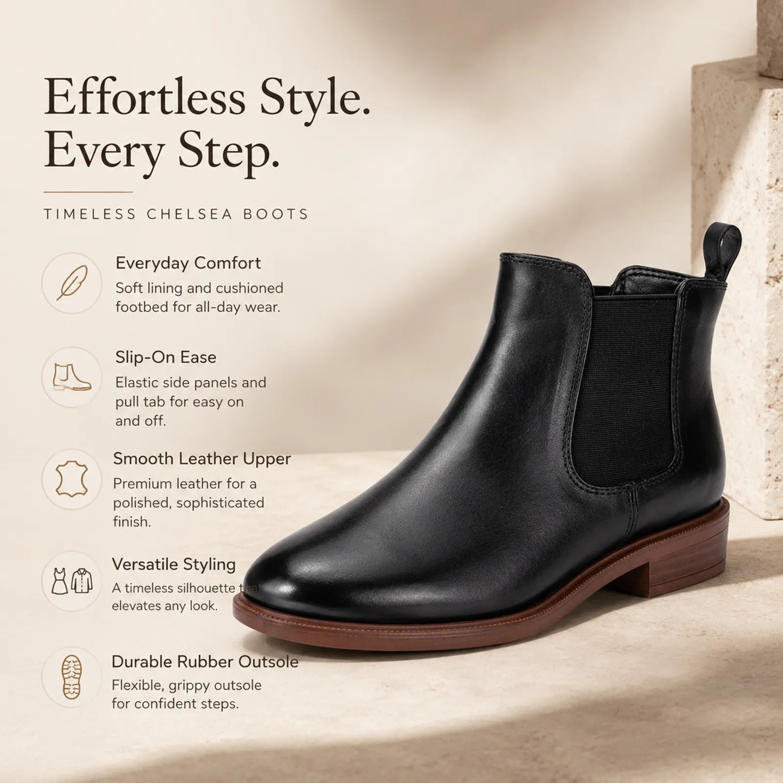 Women's black leather Chelsea boots with elastic side gore and polished finish