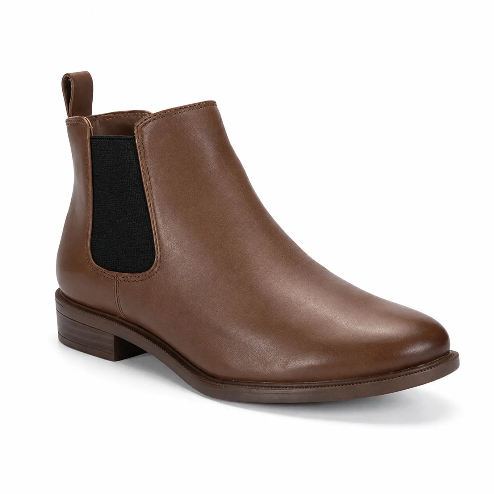 Women's brown leather Chelsea boots with elastic side gore and low block heel