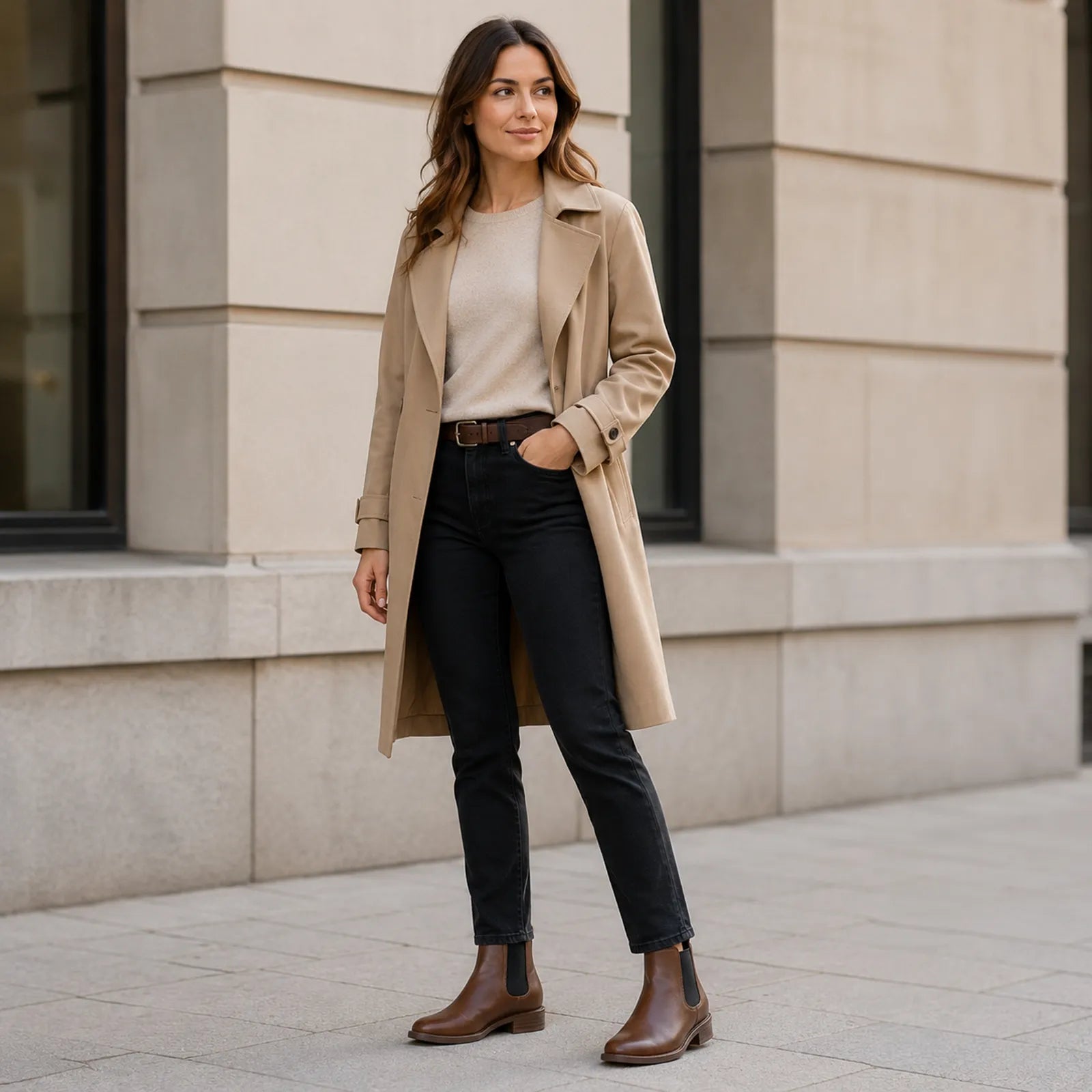 Women's brown leather Chelsea boots with elastic side gore and low block heel