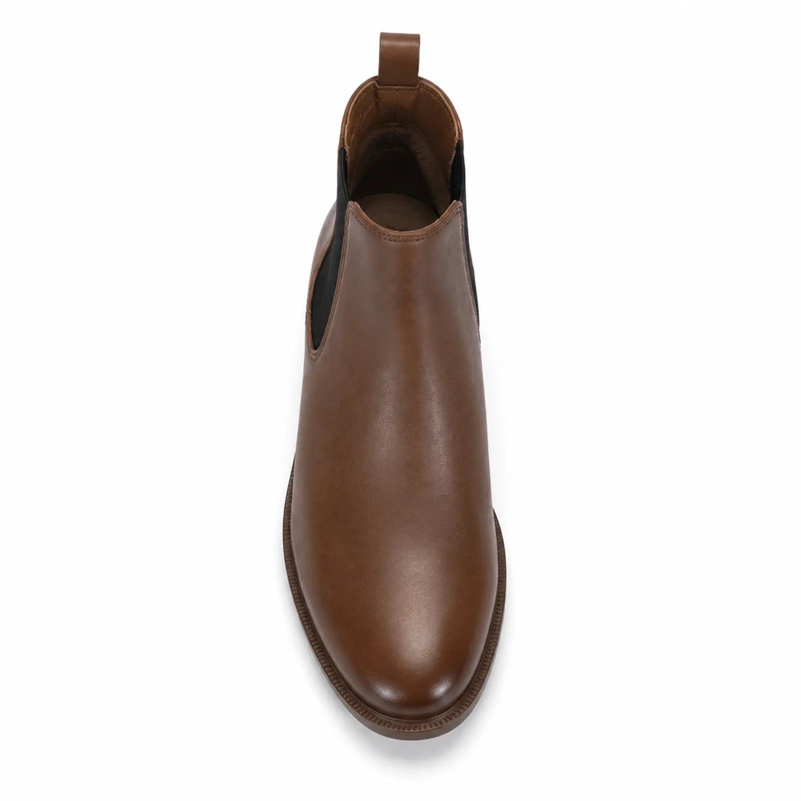 Women's brown leather Chelsea boot with elastic side gore, rear view