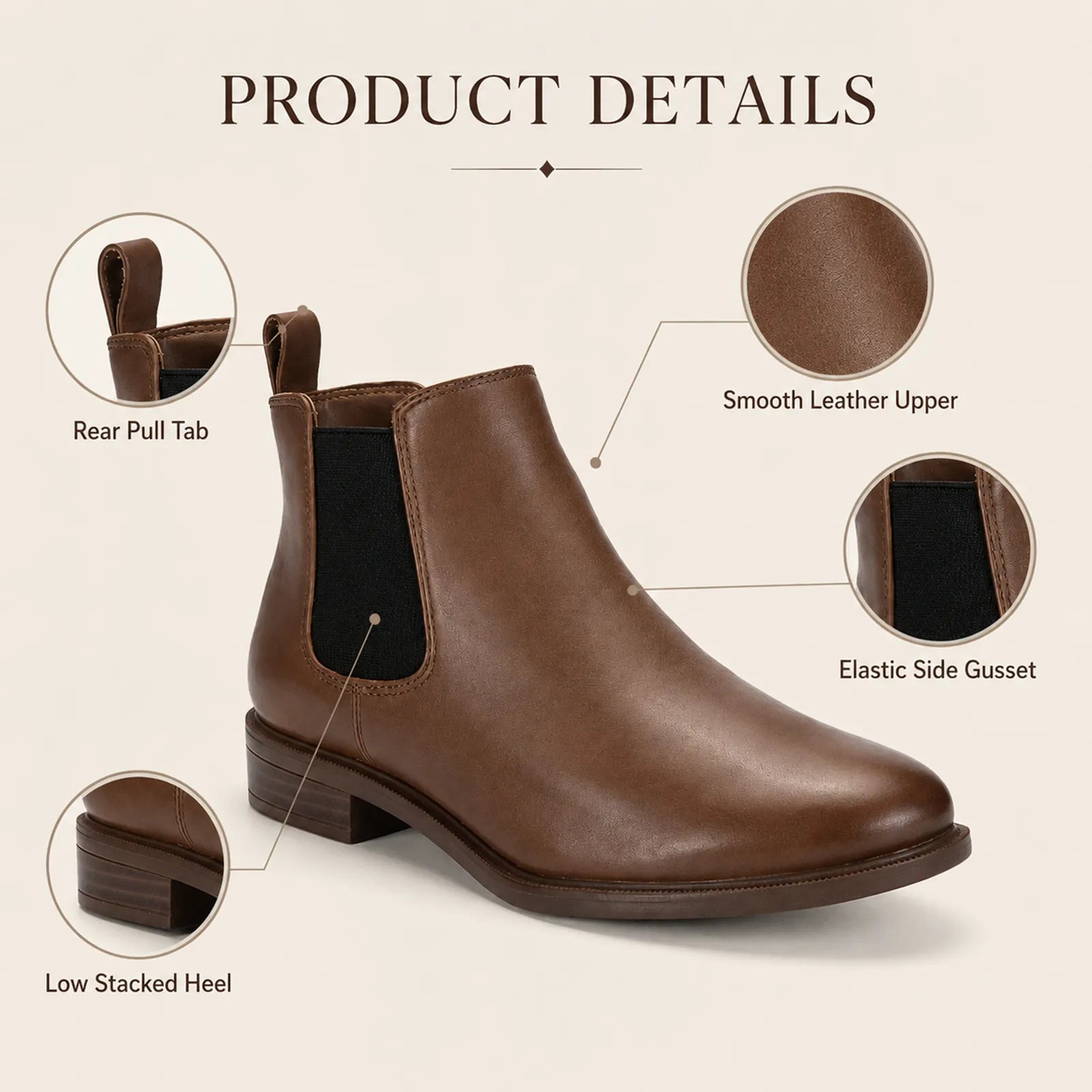 Women’s leather Chelsea boots with elastic side panels and low stacked heel, brown.
