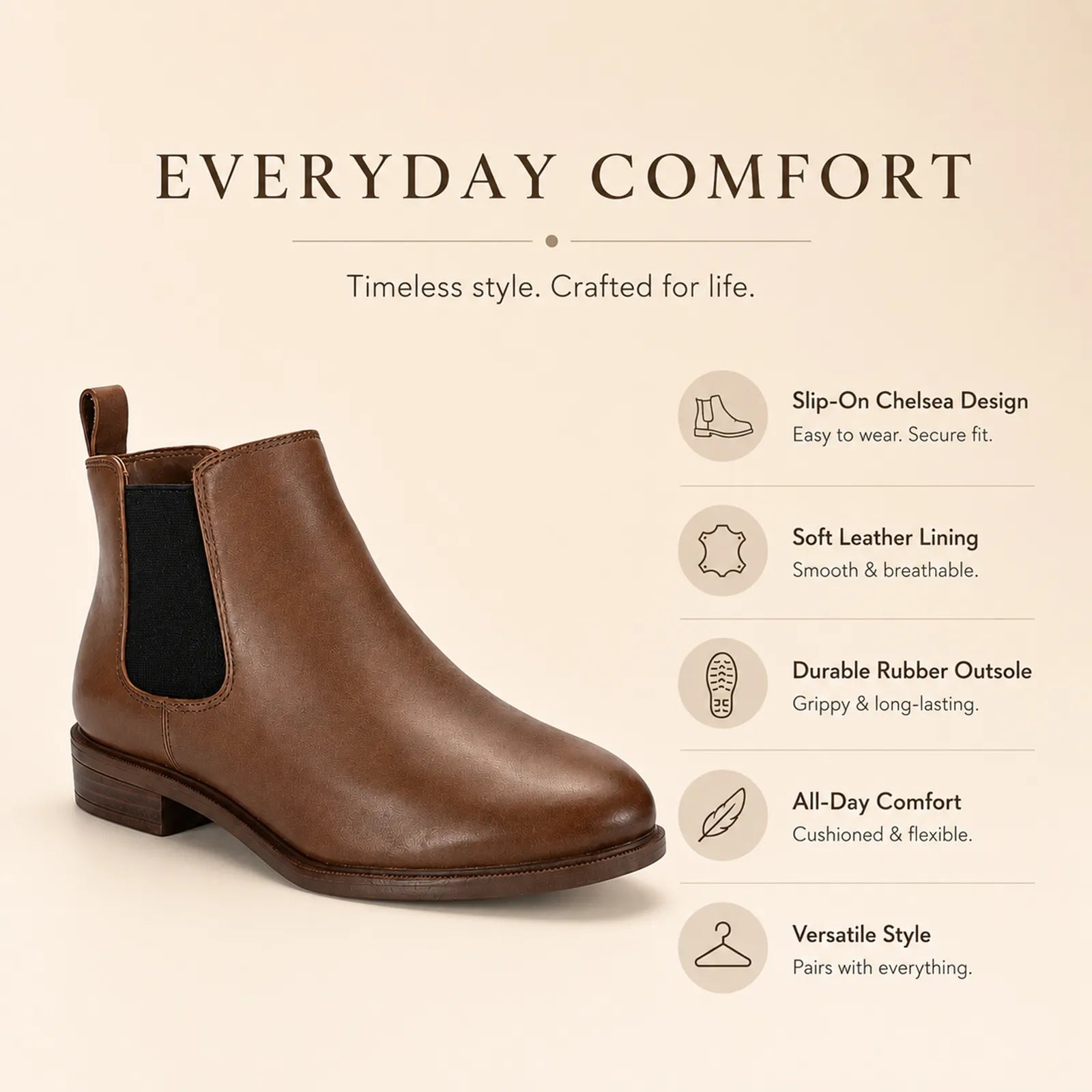 Women’s leather Chelsea boots, slip-on design with elastic gore, low block heel, brown.