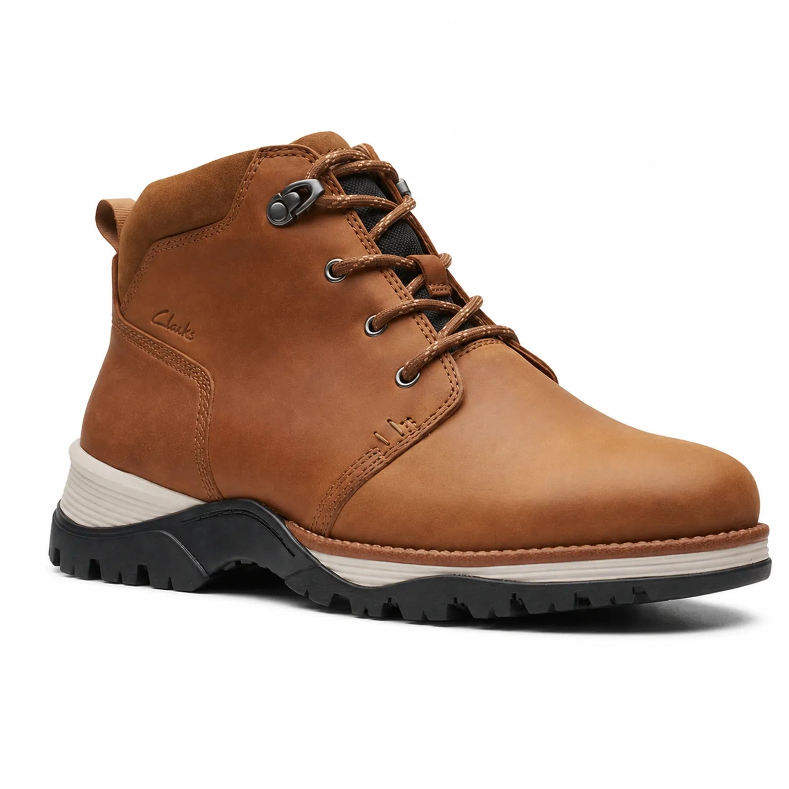 Men’s brown leather mid boots, lace-up with metal eyelets and cushioned collar