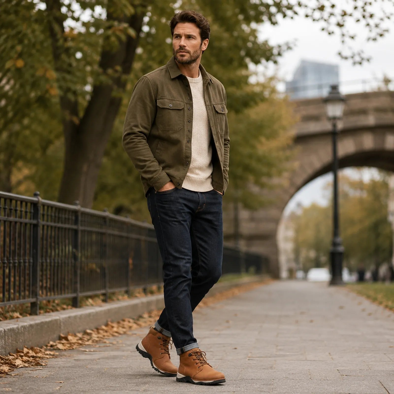 Men’s brown lace-up mid boots on feet with rugged black outsole