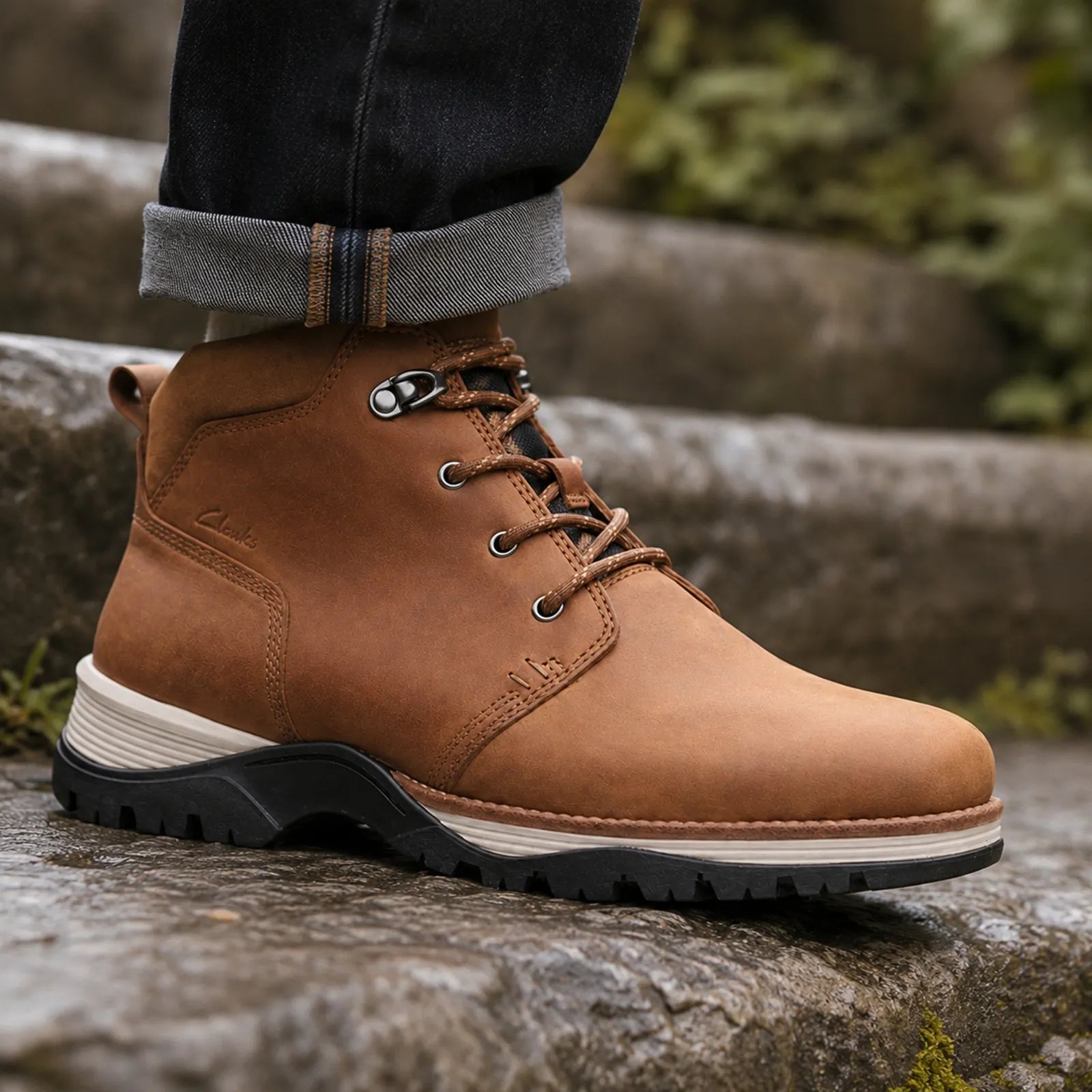 Men’s brown leather mid boots with lace-up front and thick treaded sole