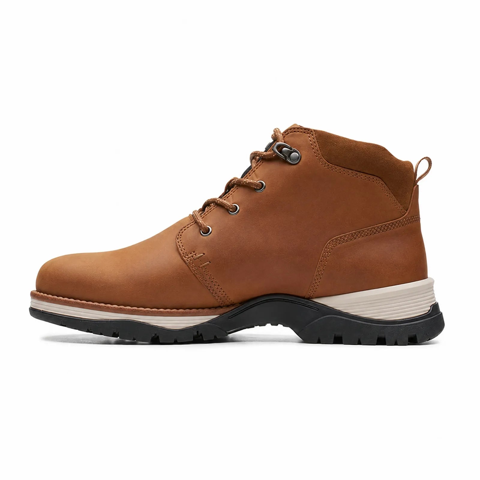 Men’s brown leather mid boots, side profile with lace-up and cushioned sole edge