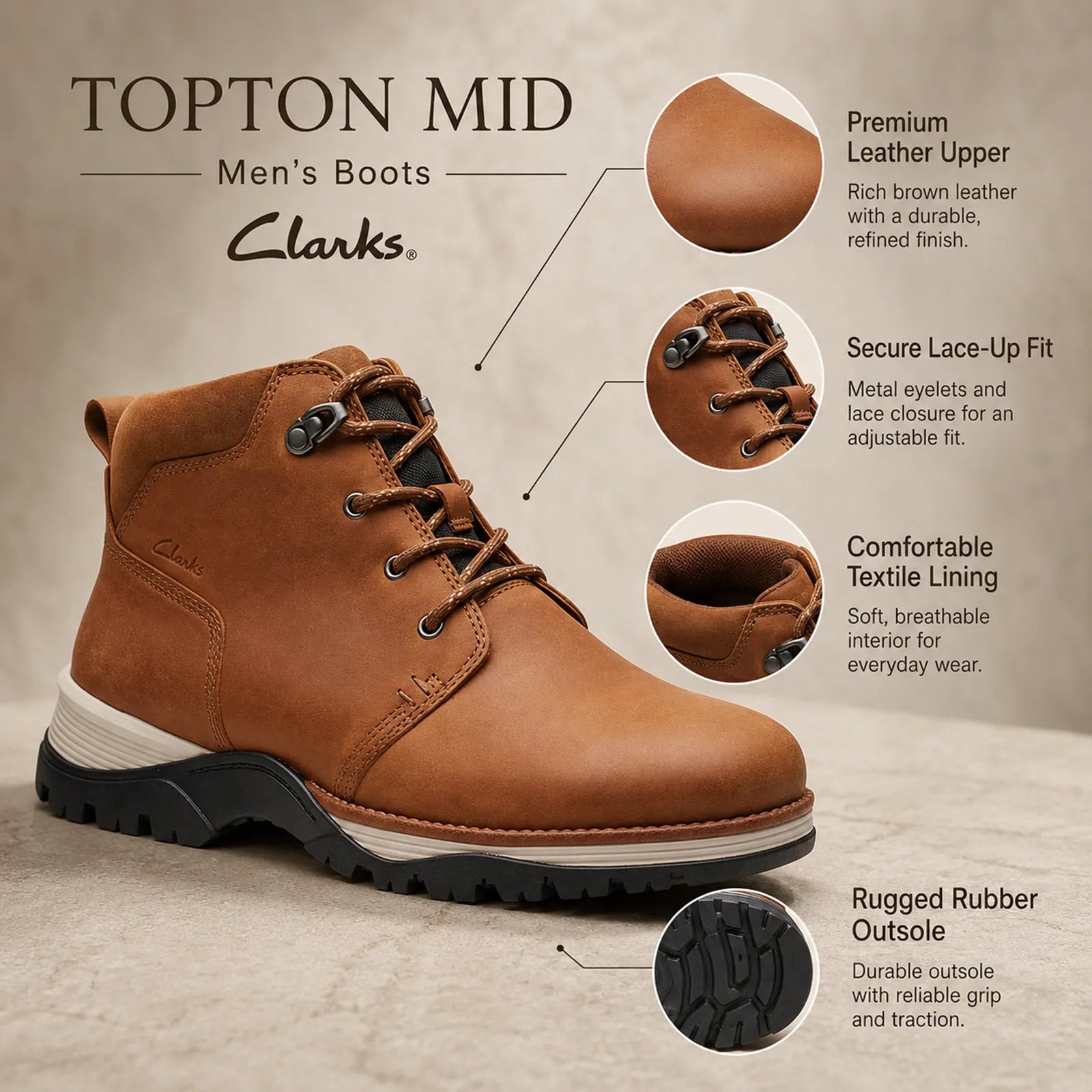 Men’s brown leather mid boots with lace-up, metal lace keeper, and grippy outsole