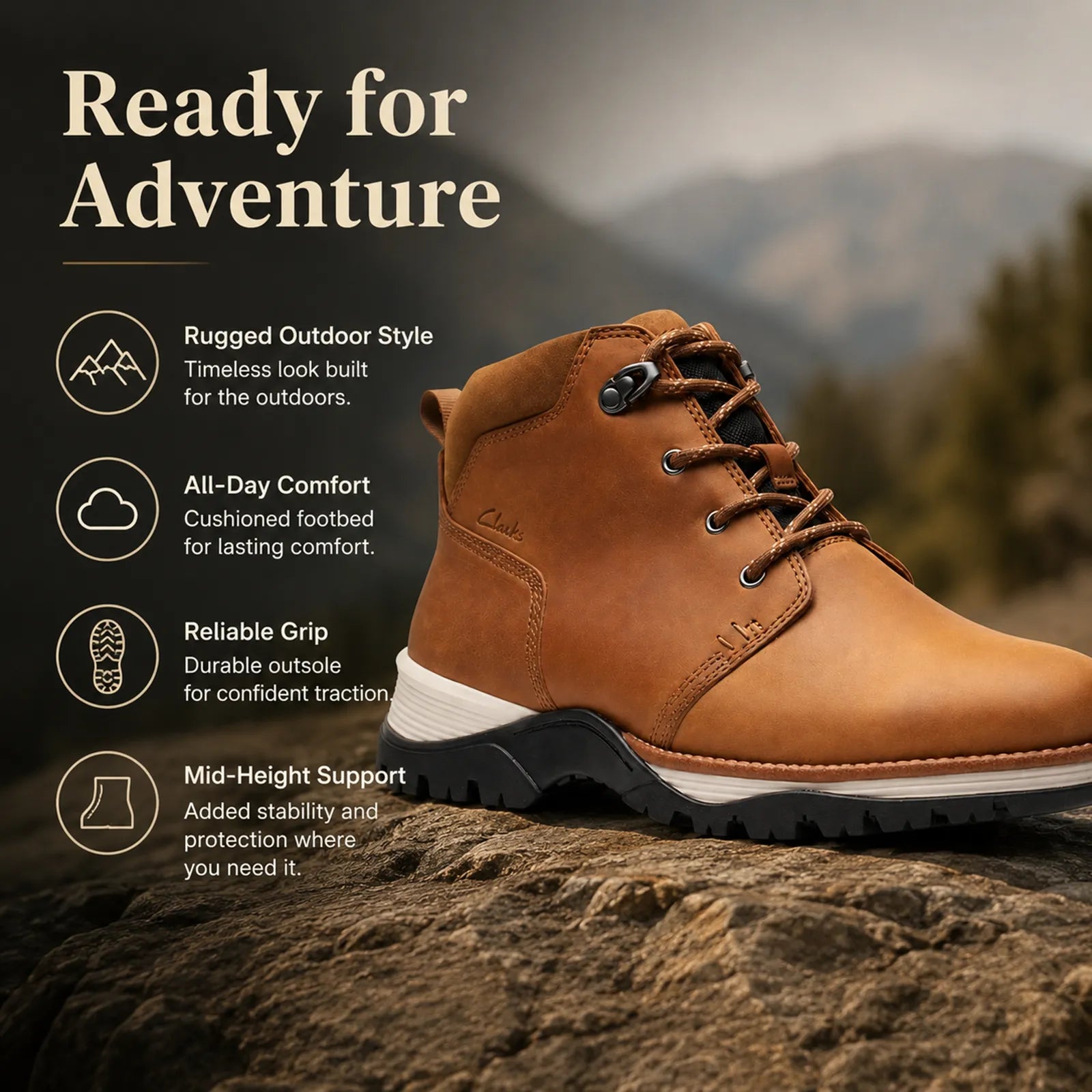Men’s brown leather mid boots with lace-up front and thick rubber tread outsole