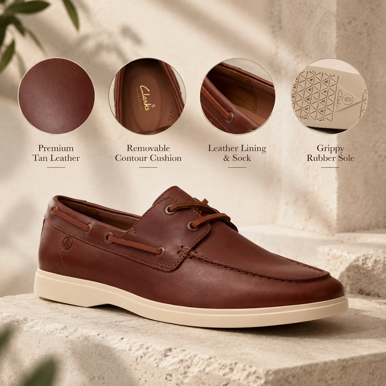 Close-up detail of Clarks Torford Boat tan leather upper with traditional lace fastening