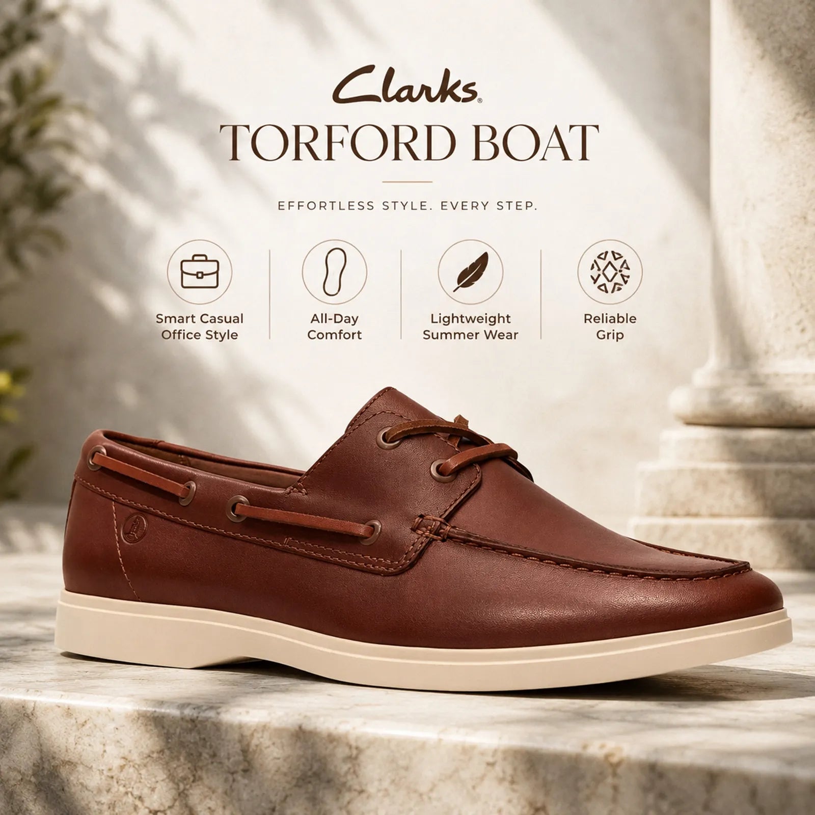 Clarks Torford Boat tan leather shoes featuring removable Contour Cushion footbed for all-day comfort