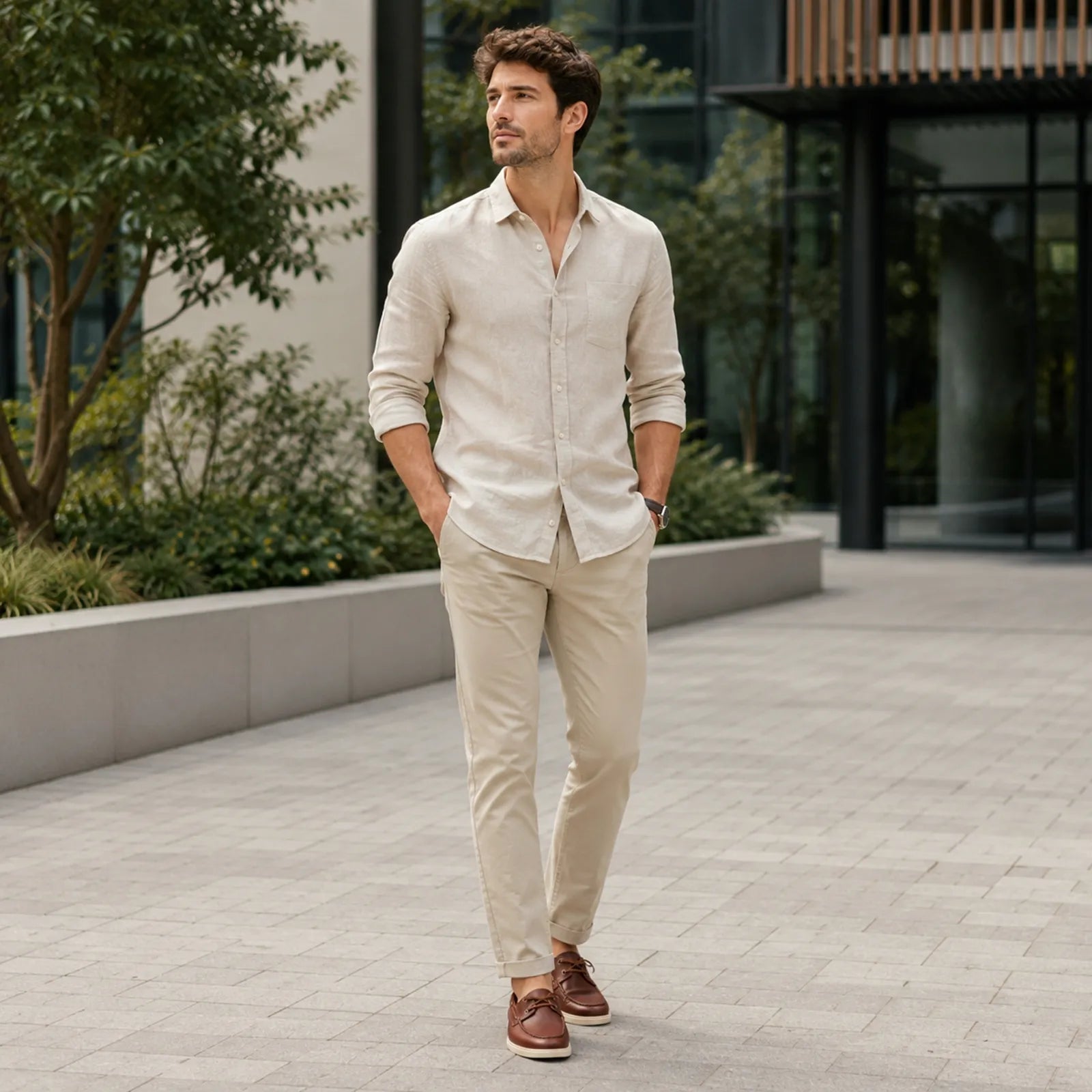 Man wearing Clarks Torford Boat tan leather shoes with smart casual summer outfit