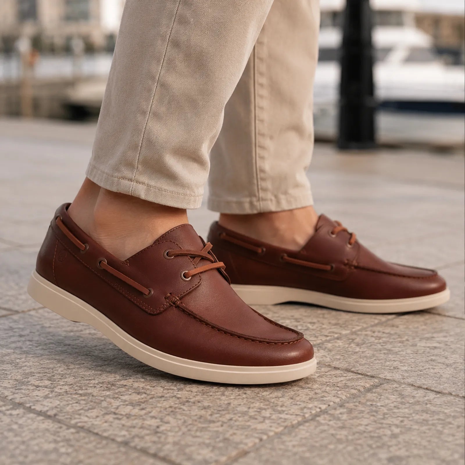 Clarks Torford Boat tan leather shoes shown on foot for smart casual everyday wear
