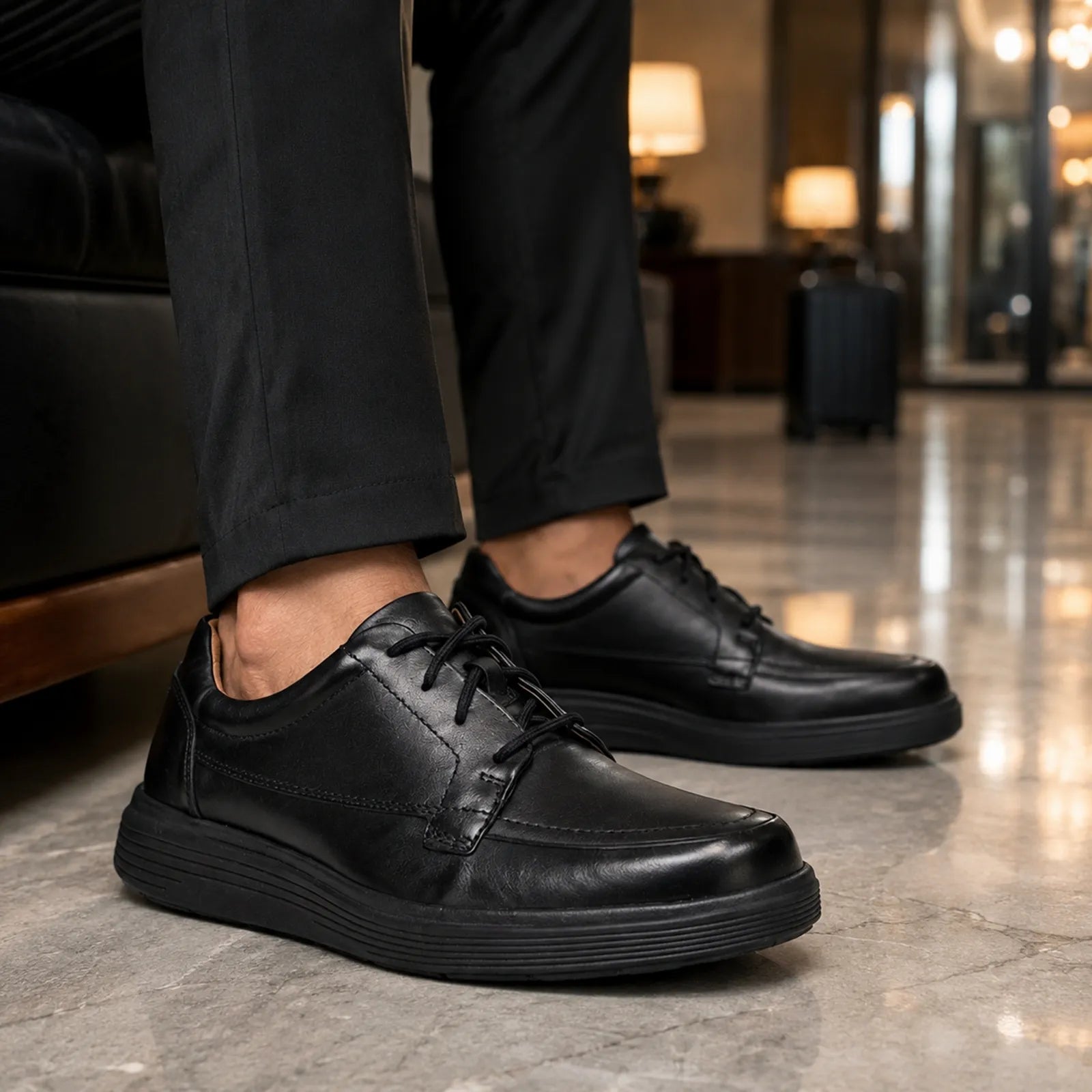Black leather lace-up business shoes with low profile rubber sole