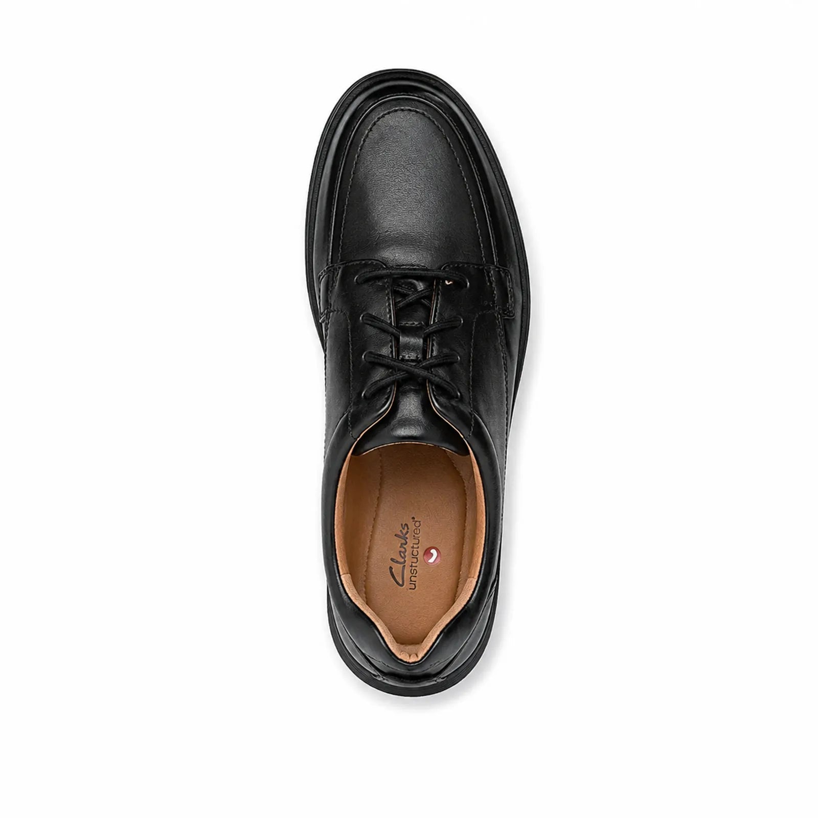 Black leather lace-up business shoe with tan insole lining visible