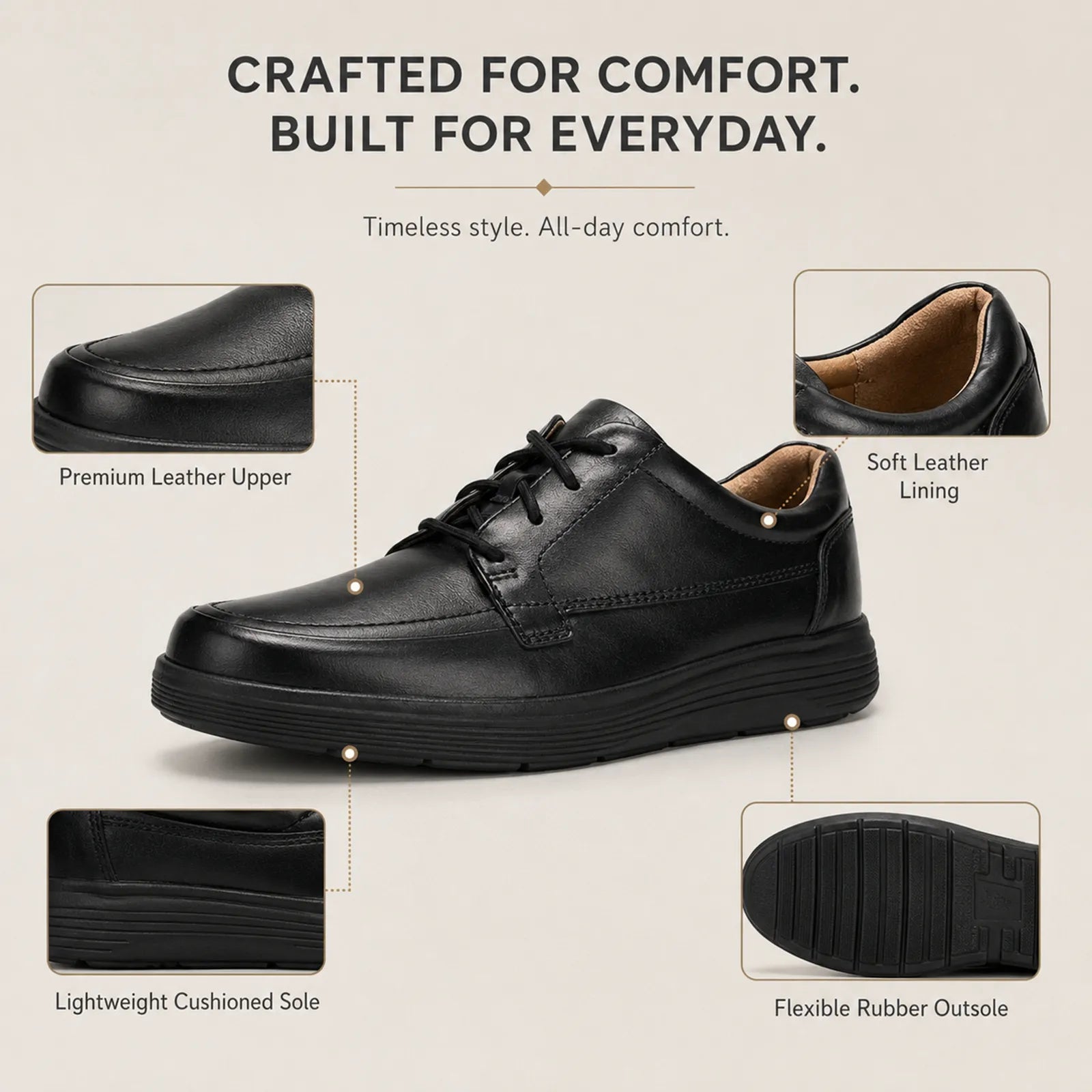 Men's black leather business shoes with lace-up front and cushioned sole