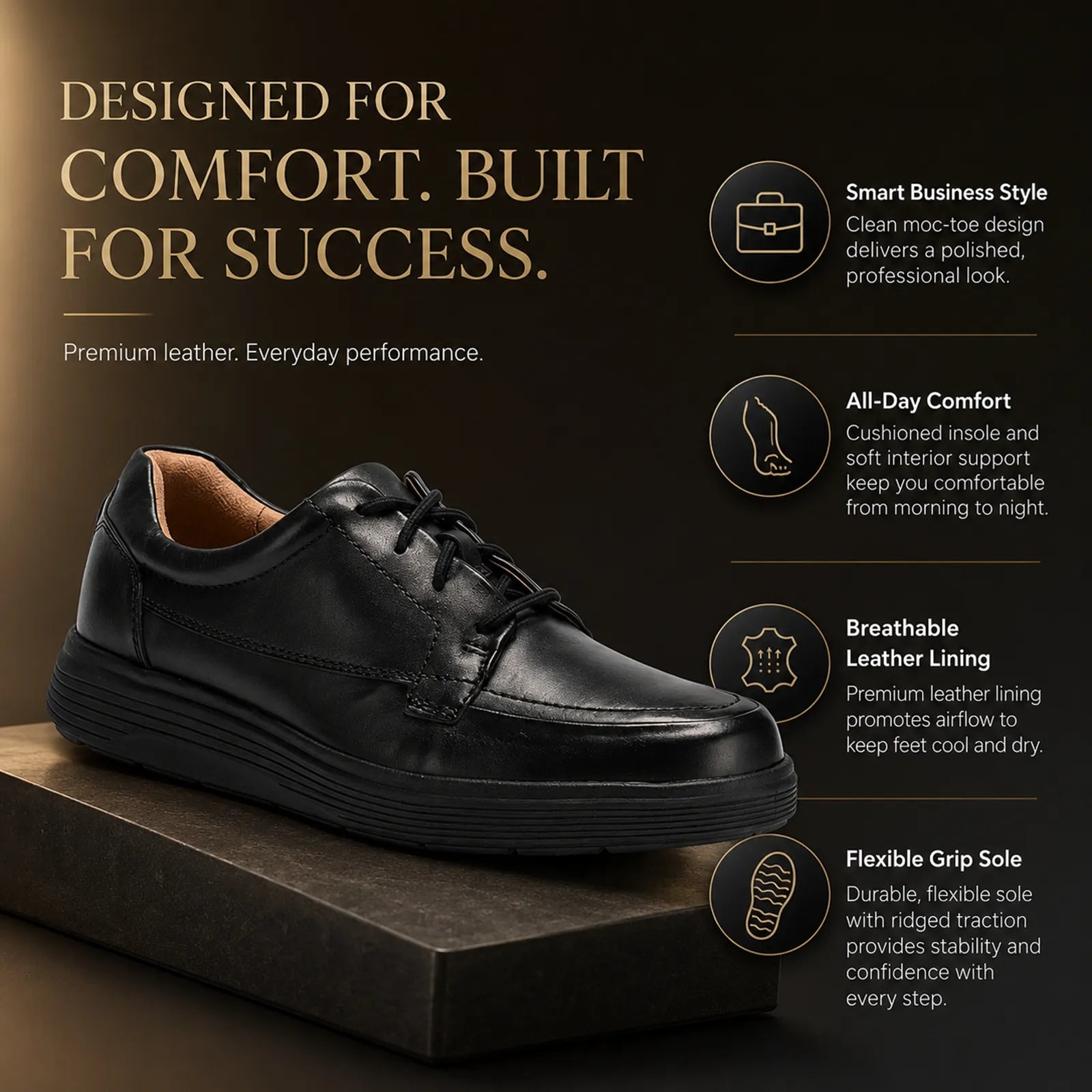 Men's black leather business shoes on a side angle with lace-up closure