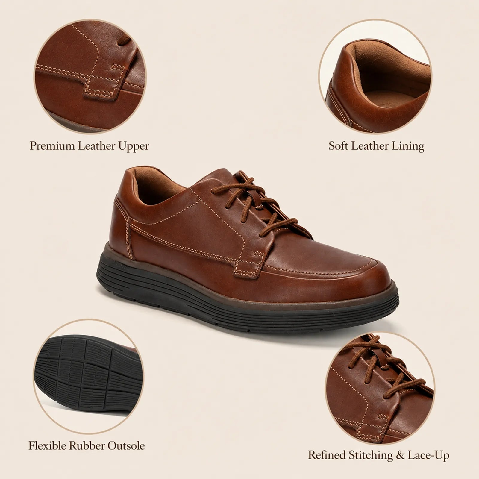 Brown leather lace-up shoe with refined stitching and rubber outsole