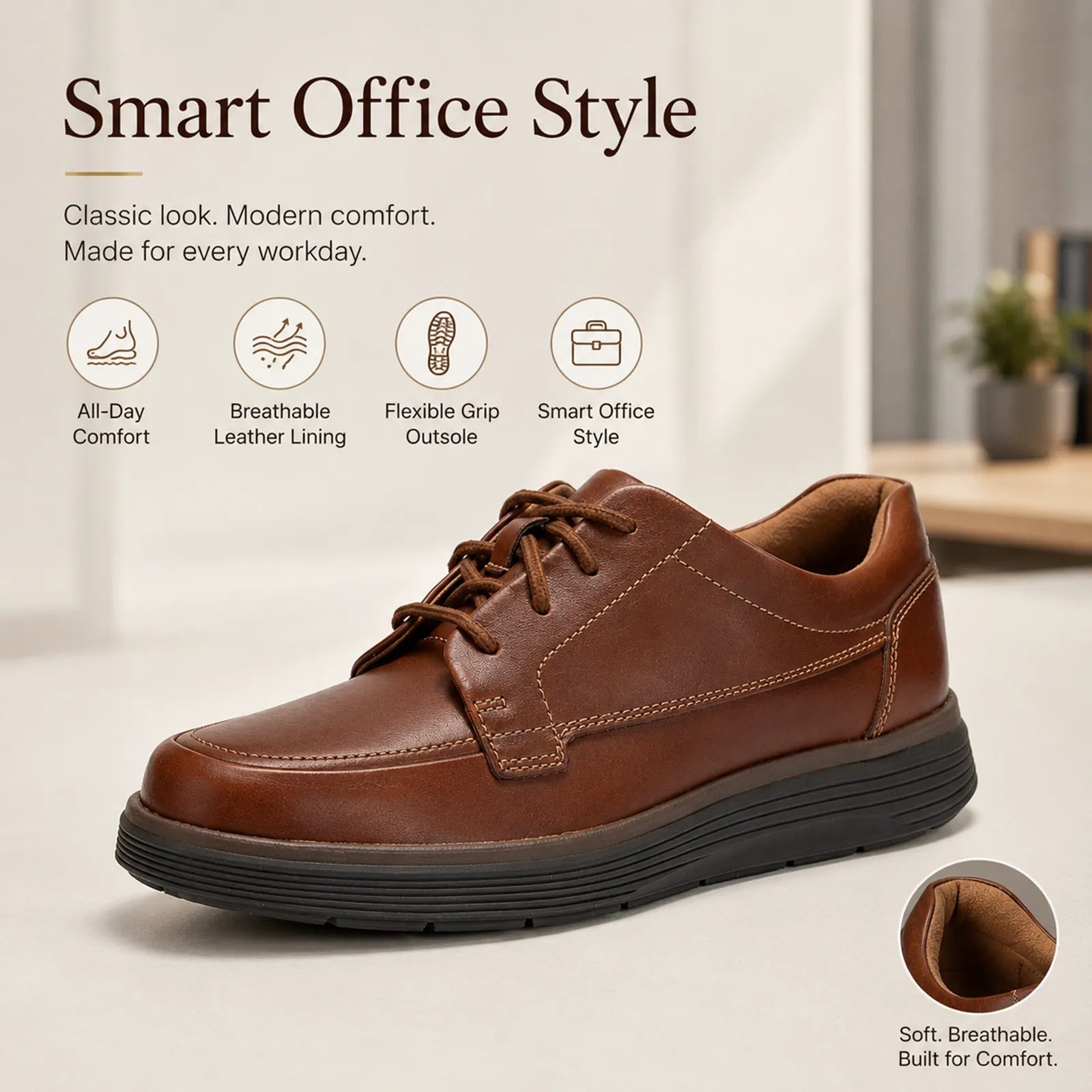 Brown leather lace-up business shoe with soft lining and comfort design