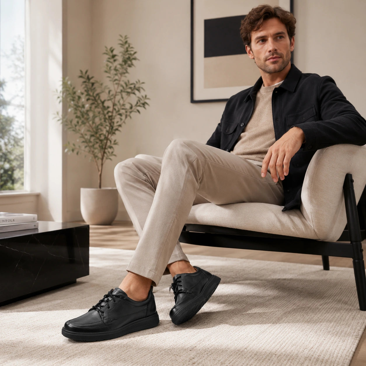 Black leather lace-up business shoes on seated man