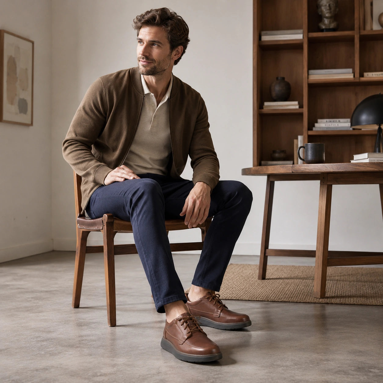 Brown leather lace-up business shoes with thick dark sole